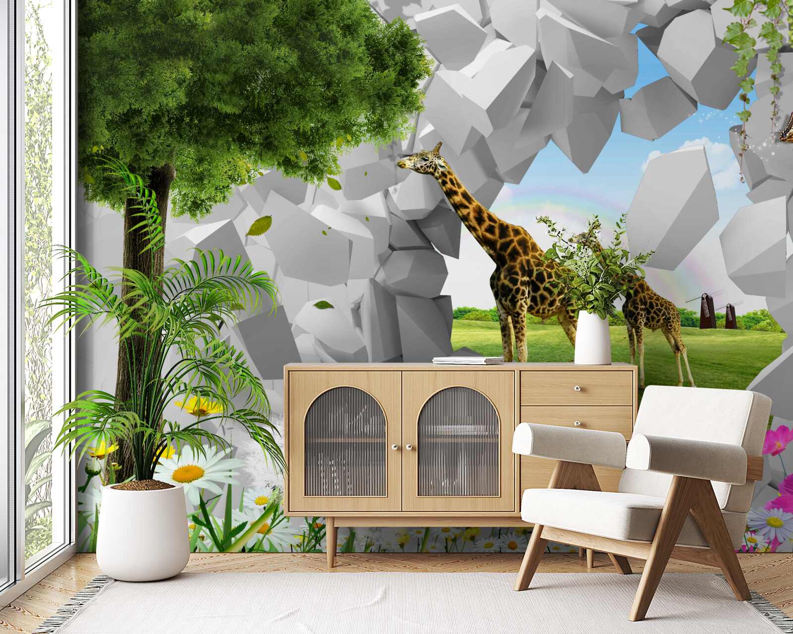 Papier peint Les girafes franchissent la barrière en direction de l'arbre.