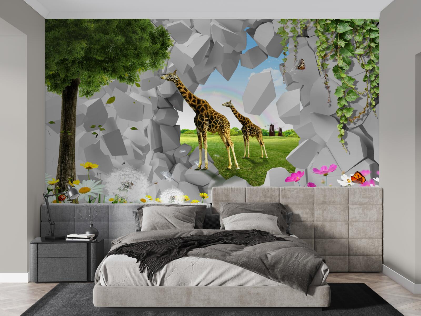 Papier peint Les girafes franchissent la barrière en direction de l'arbre.