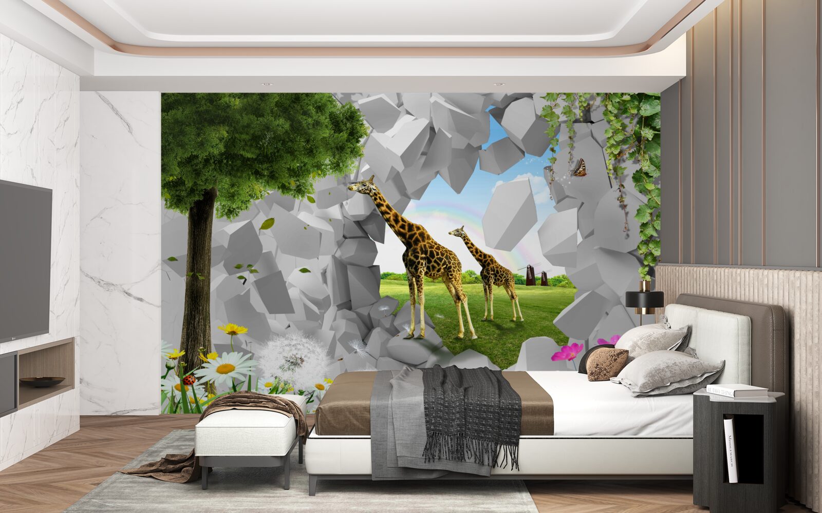 Papier peint Les girafes franchissent la barrière en direction de l'arbre.