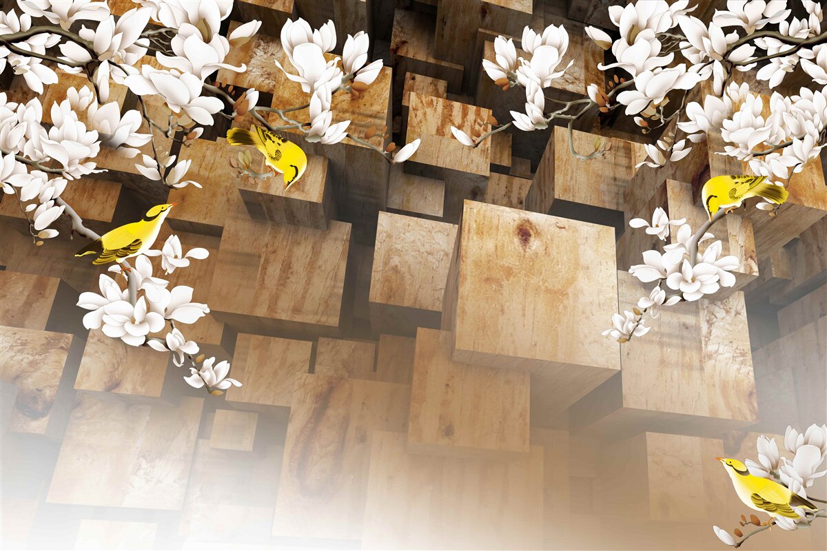 Papier peint cubes en bois flottants et fleurs blanches