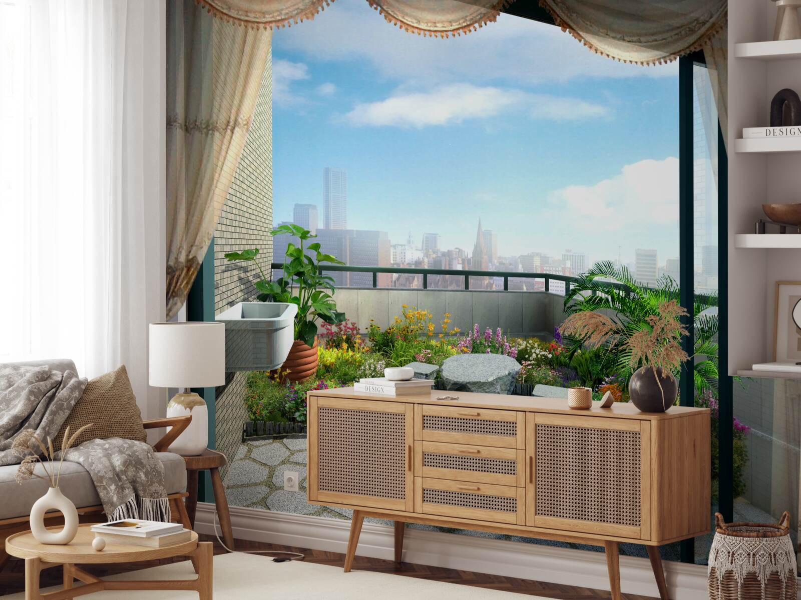Papier peint loggia avec vue magnifique sur la ville d'été
