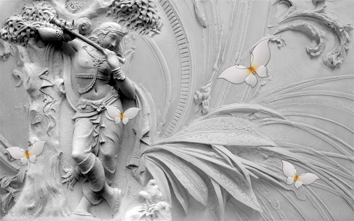 Papier peint bas-relief avec fleurs et papillons blancs