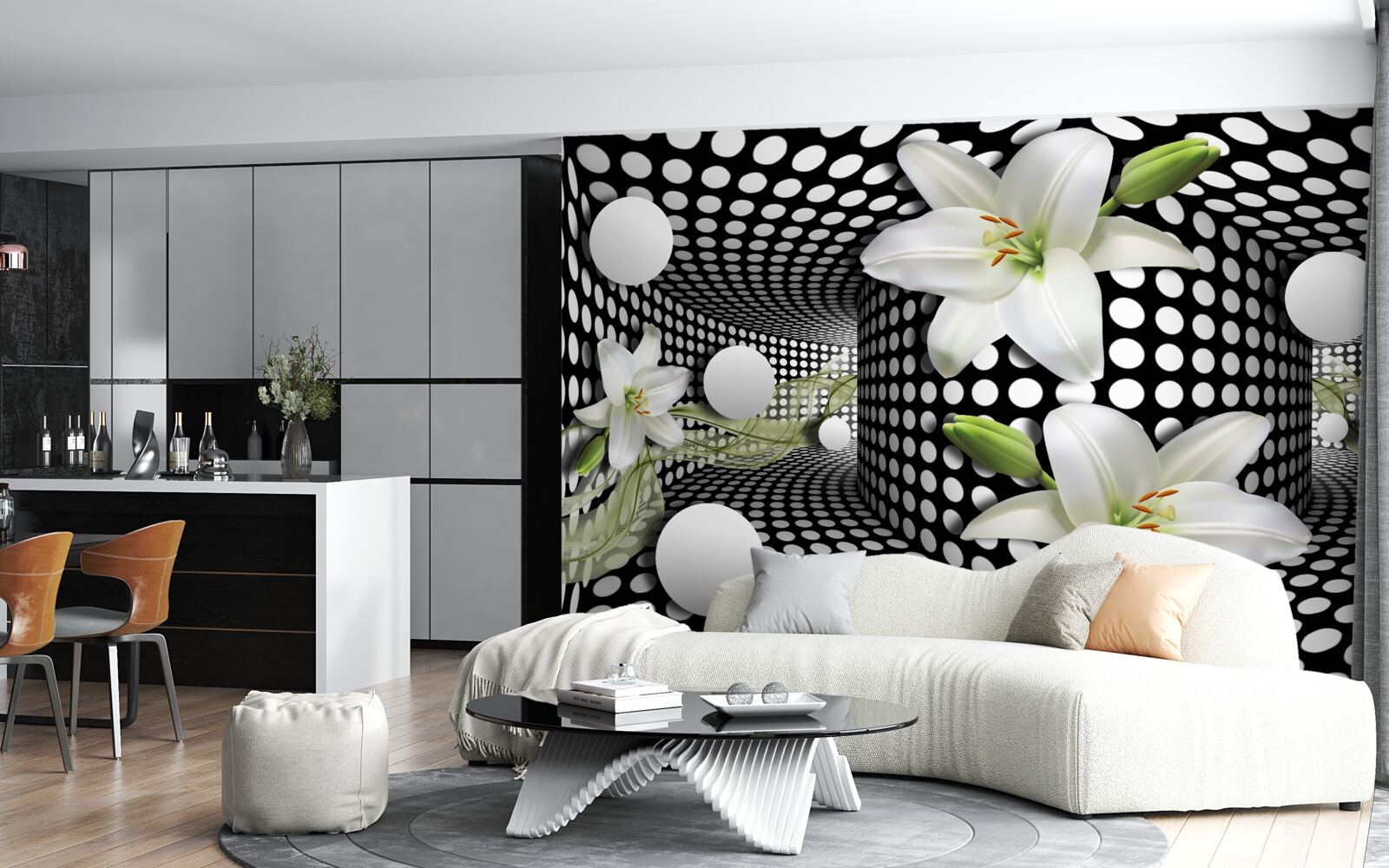 Papier peint lotus blancs dans un couloir abstrait