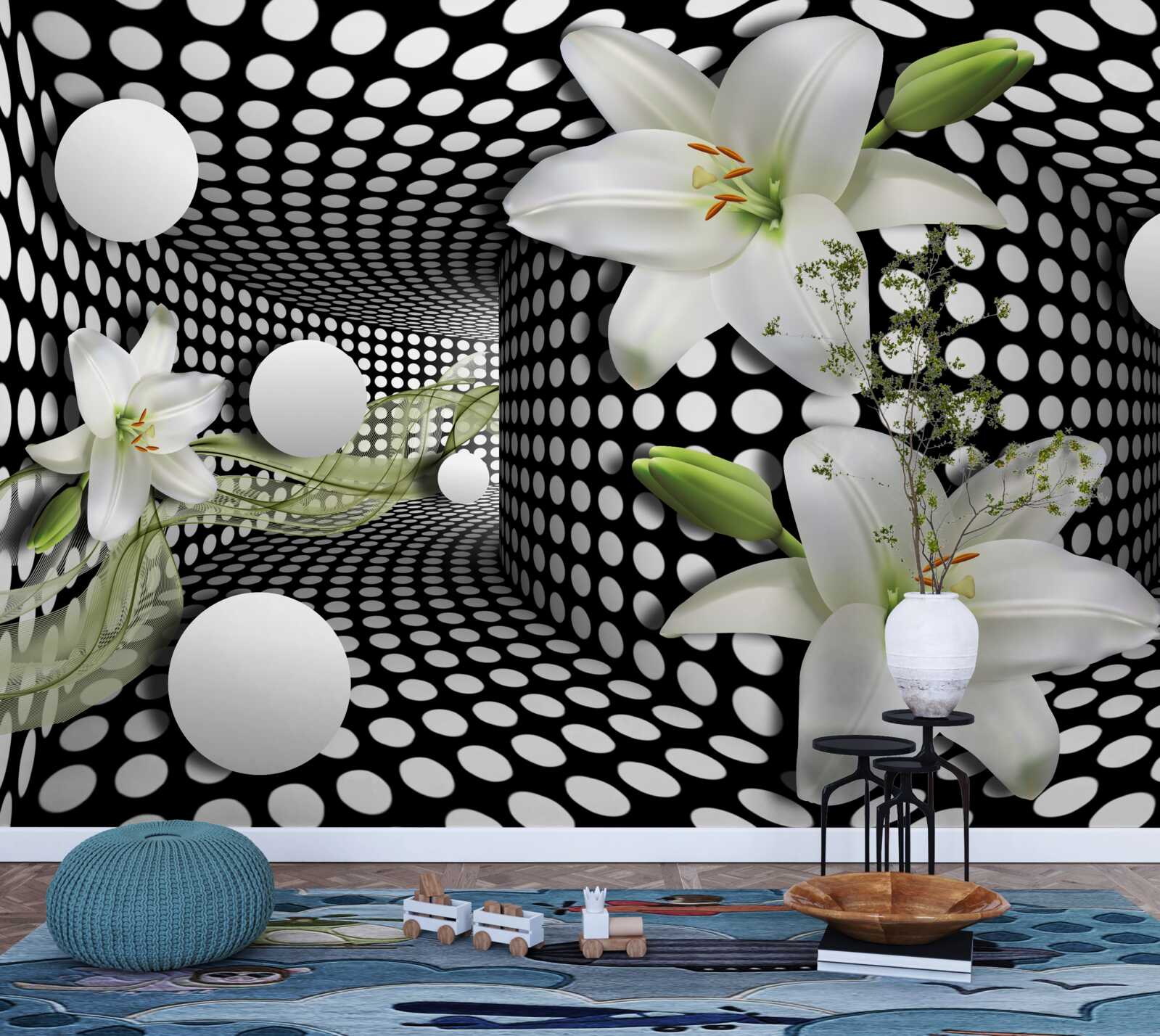 Papier peint lotus blancs dans un couloir abstrait