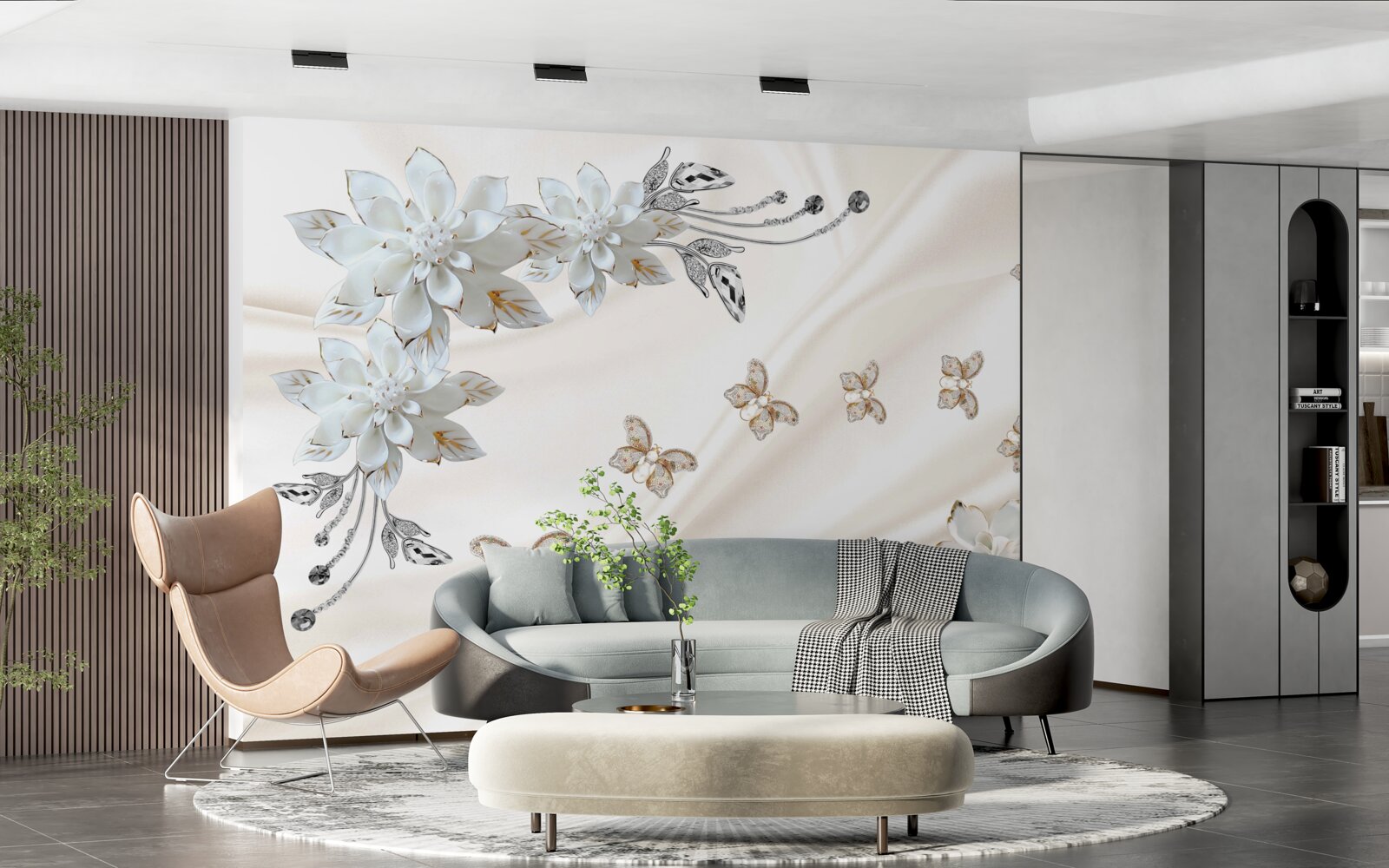 Papier peint des papillons en soie volent au-dessus des fleurs