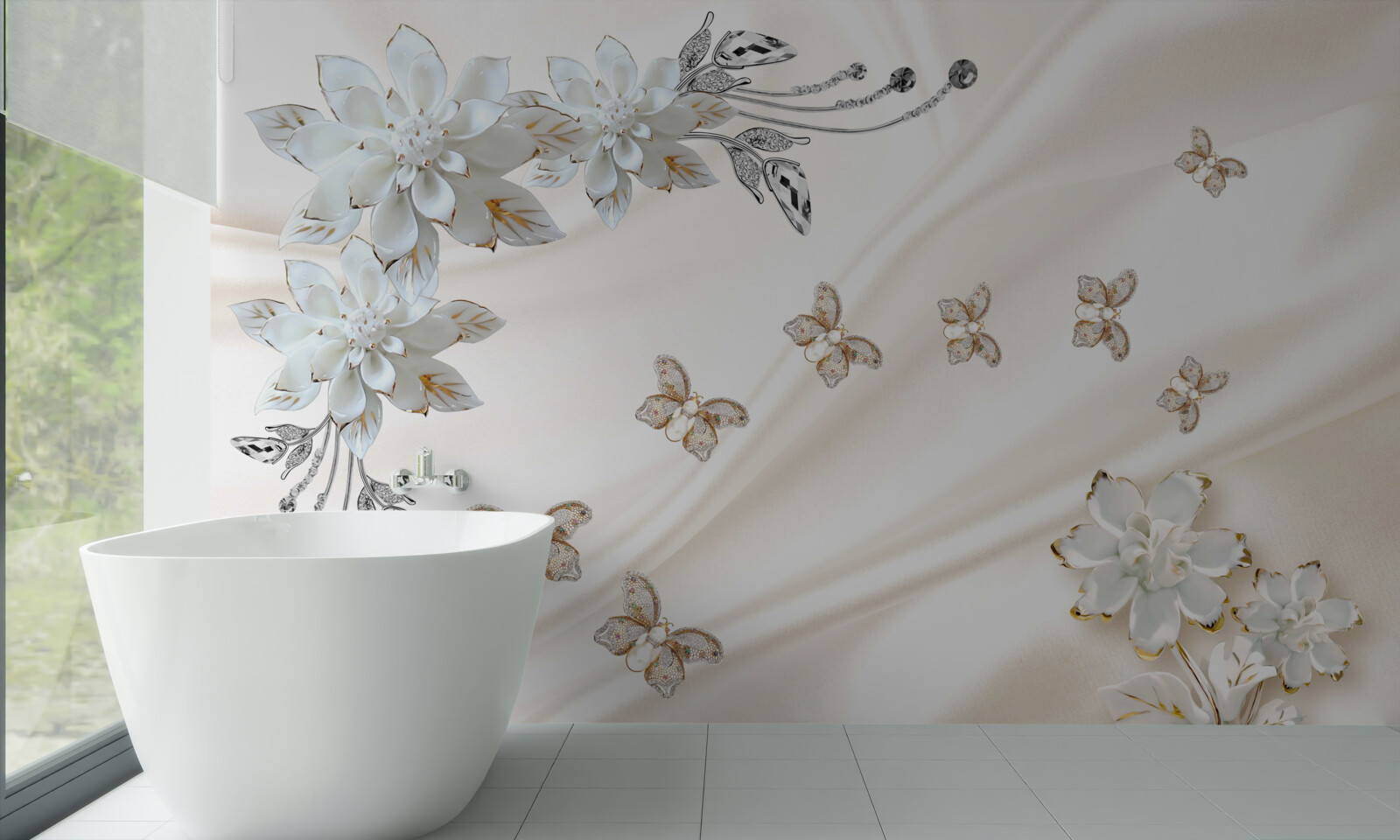 Papier peint des papillons en soie volent au-dessus des fleurs