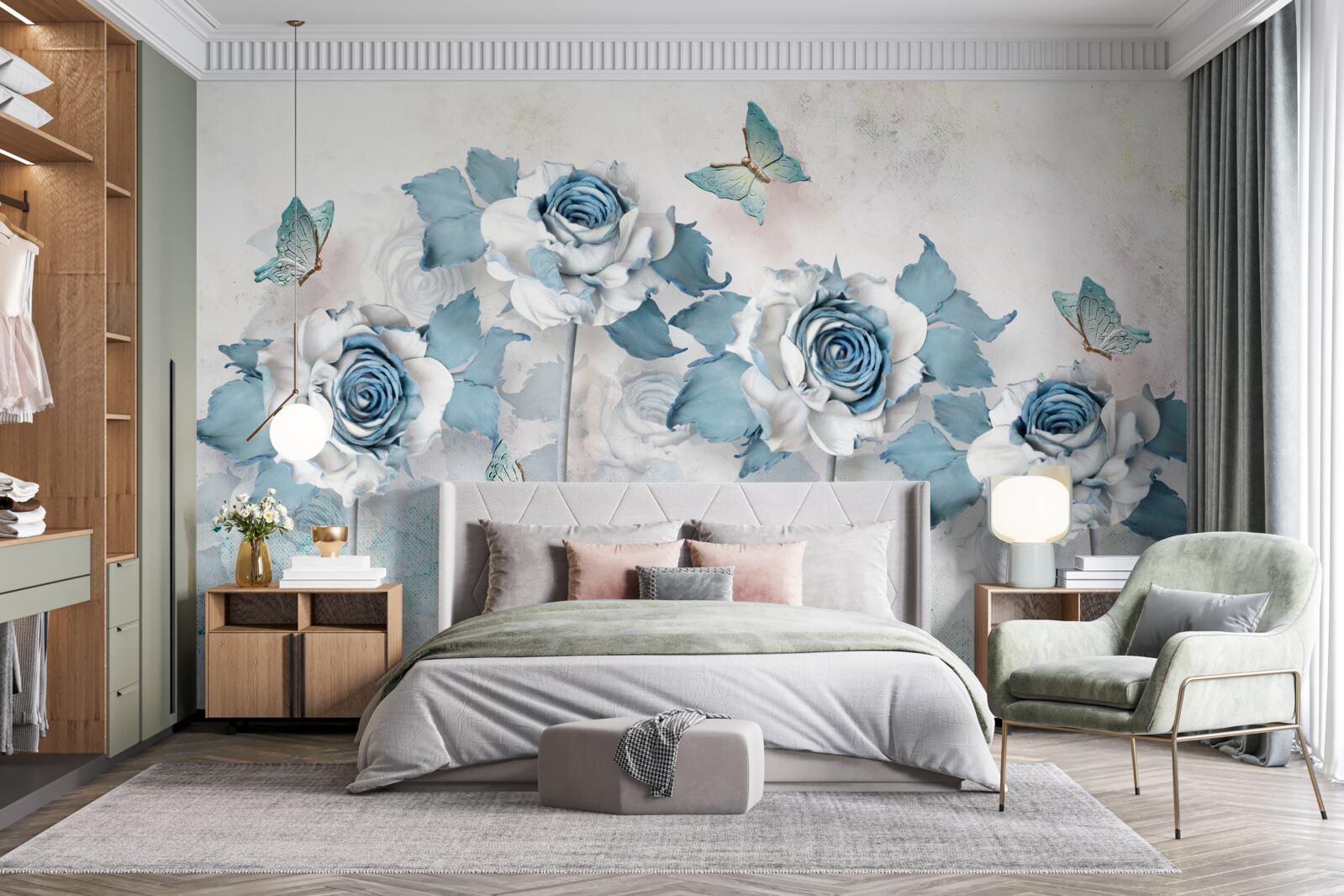 Papier peint roses gracieuses en textiles et bijoux avec des papillons de nuit