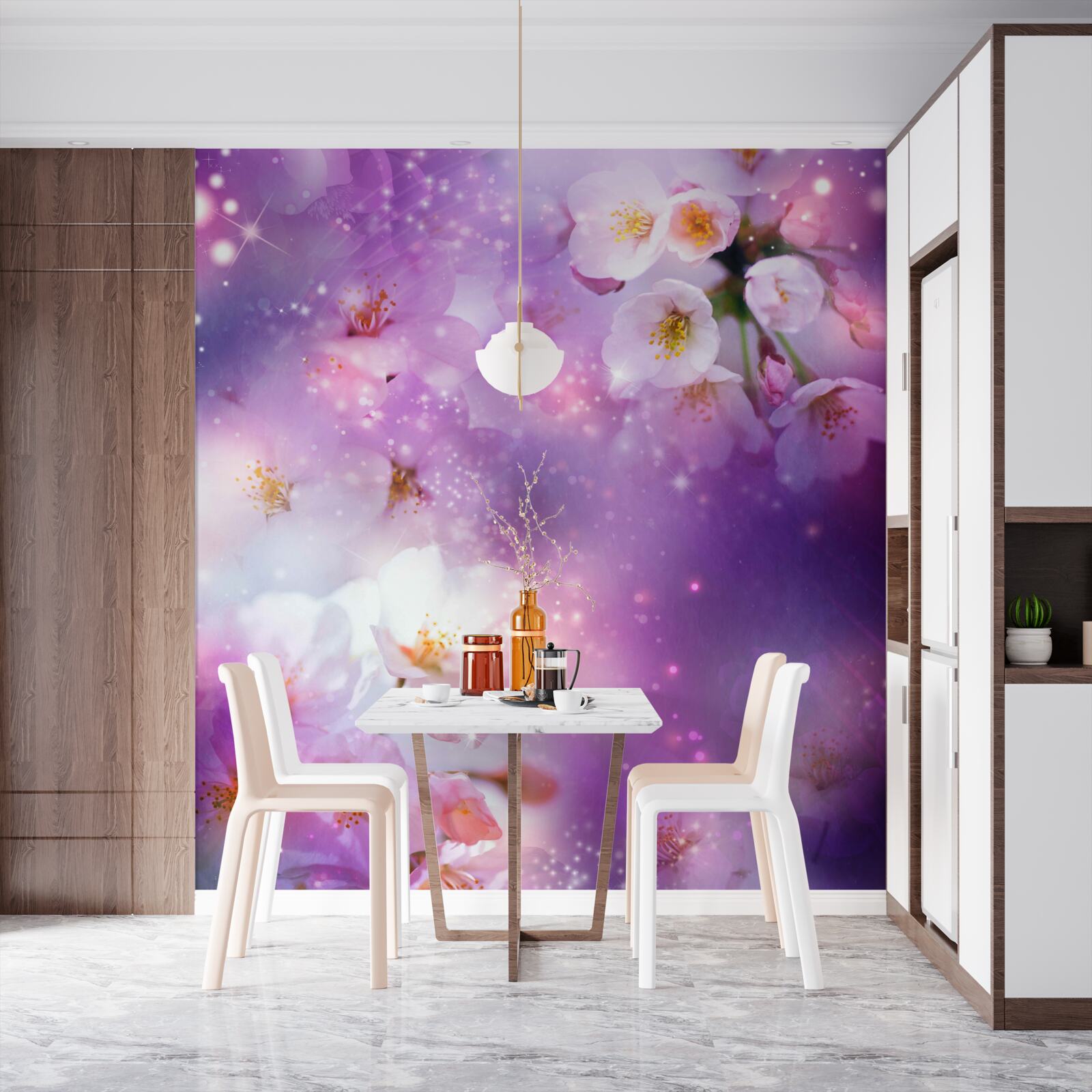 Papier peint fleurs lumineuses sur fond lilas
