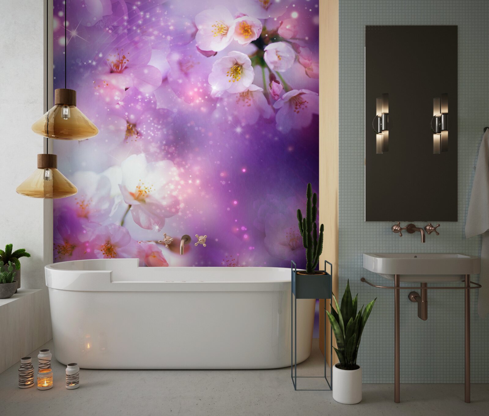 Papier peint fleurs lumineuses sur fond lilas