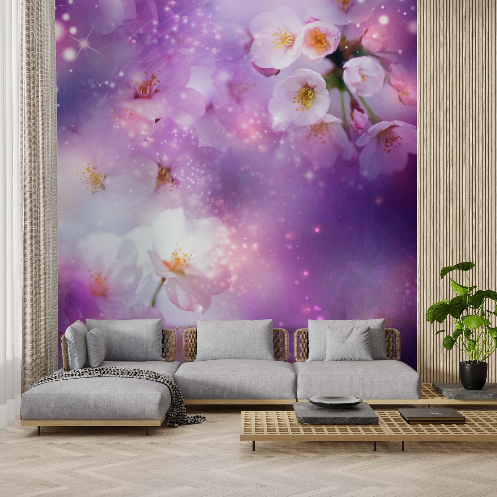 Papier peint fleurs lumineuses sur fond lilas