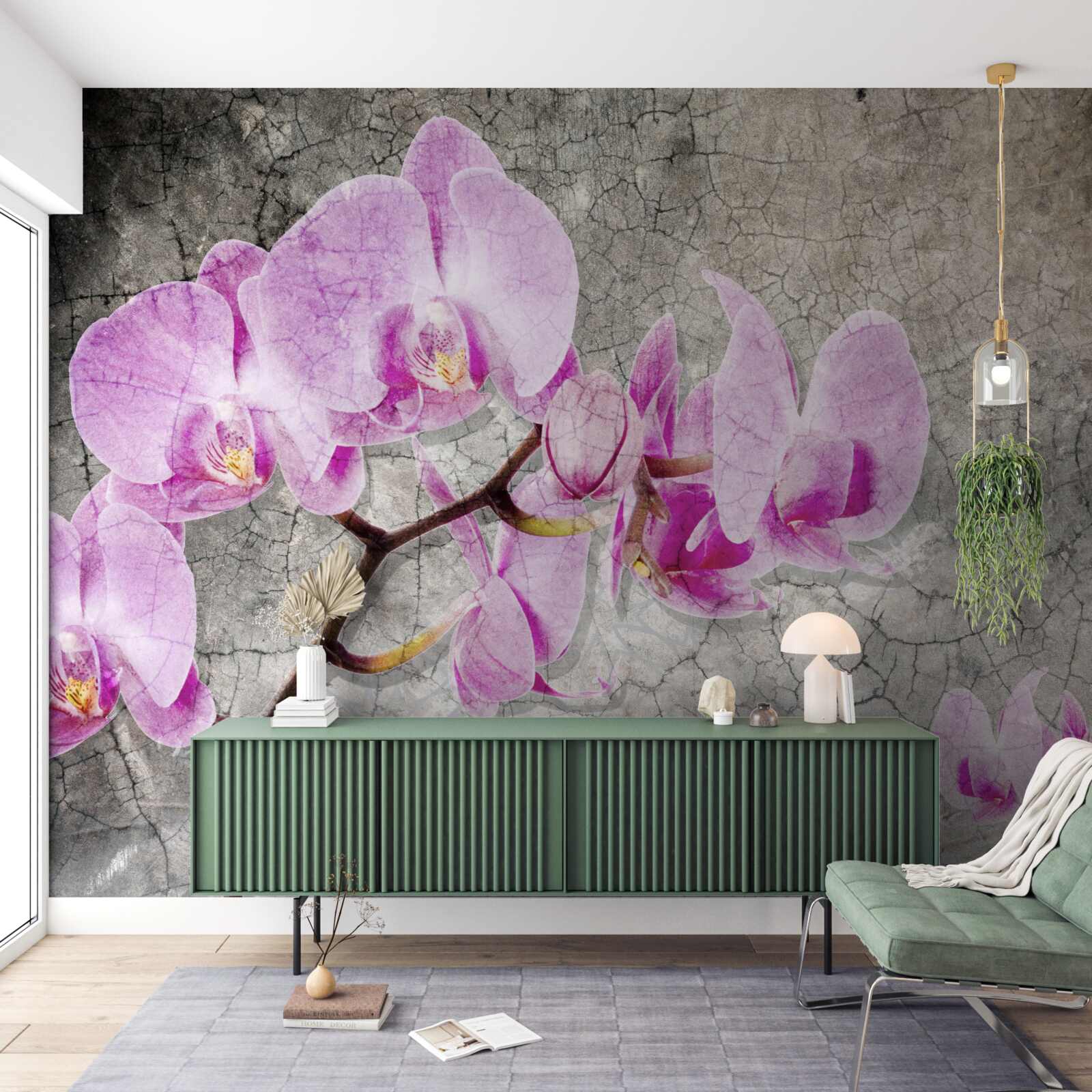 Papier peint branches d'orchidées lilas sur fond gris