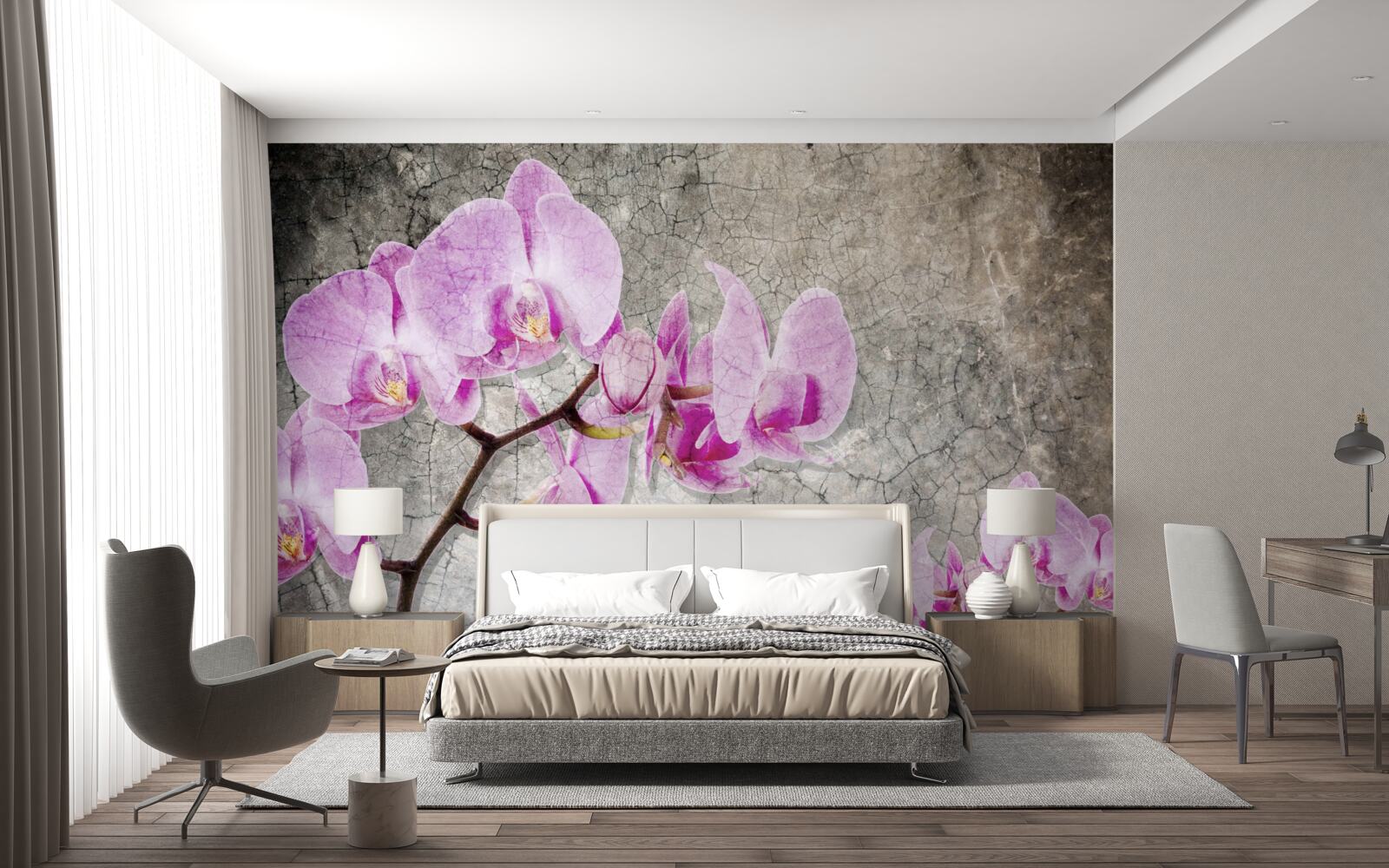 Papier peint branches d'orchidées lilas sur fond gris