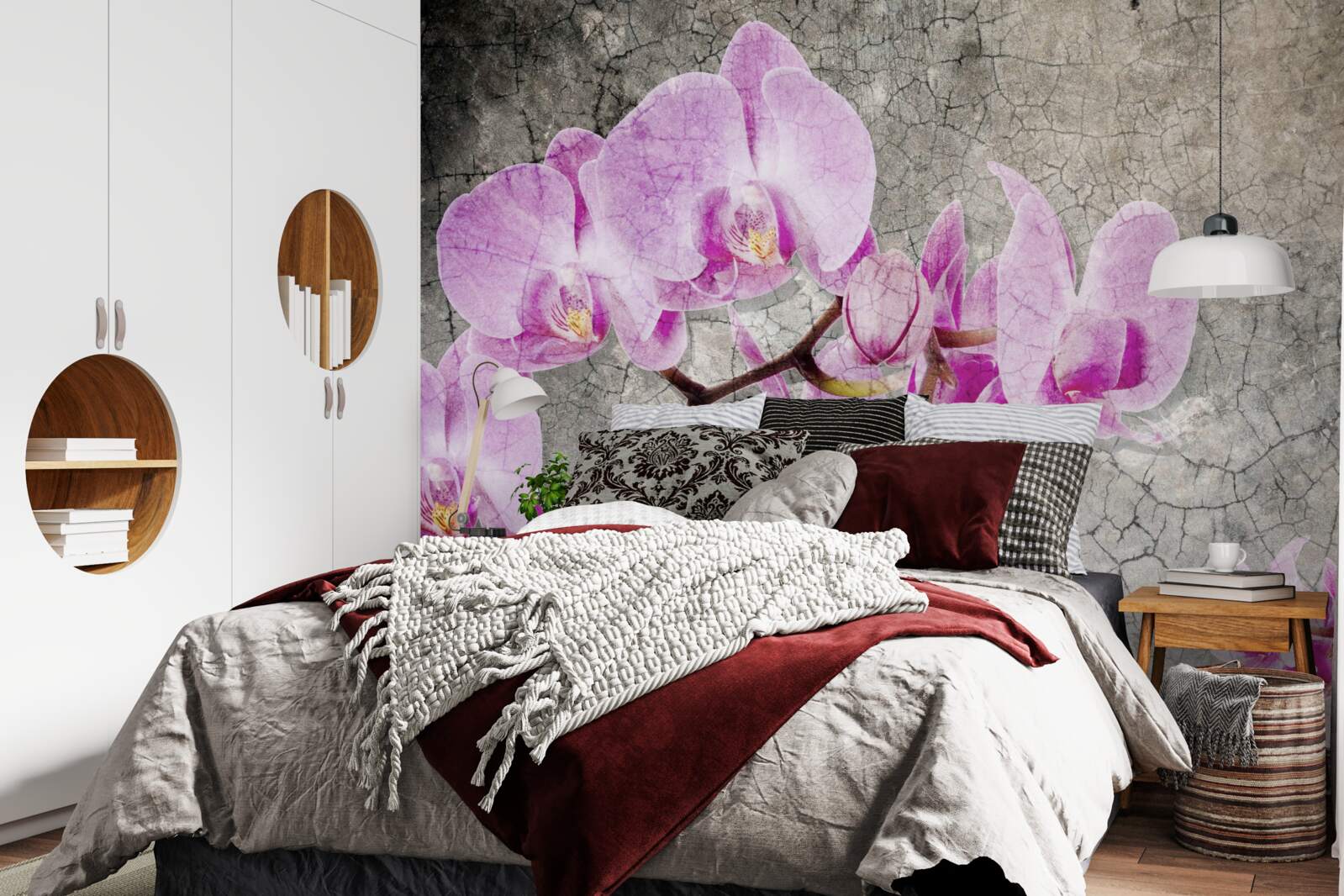 Papier peint branches d'orchidées lilas sur fond gris