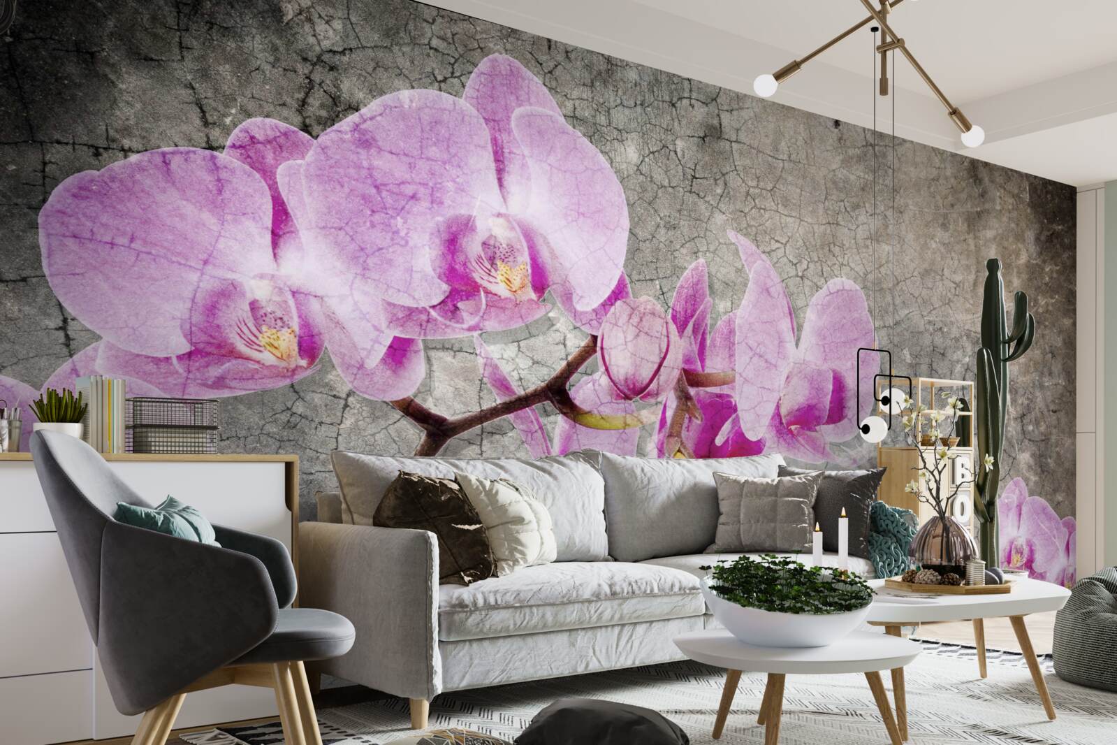 Papier peint branches d'orchidées lilas sur fond gris