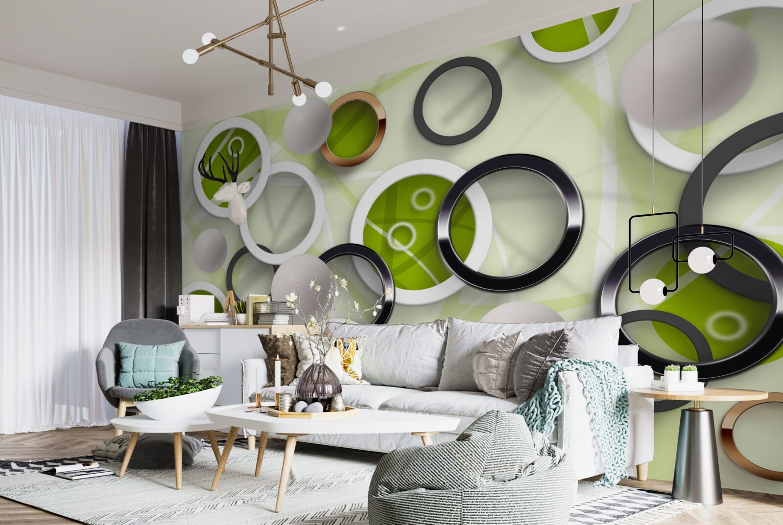 Papier peint cercles abstraits avec des éléments verts
