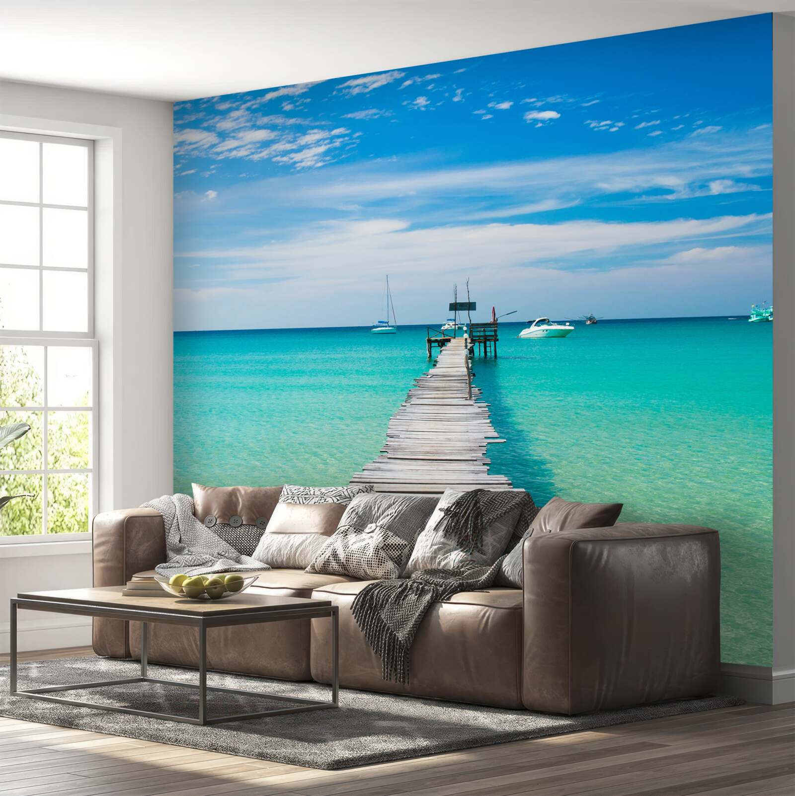 Papier peint pont en bois au-dessus de l'eau turquoise