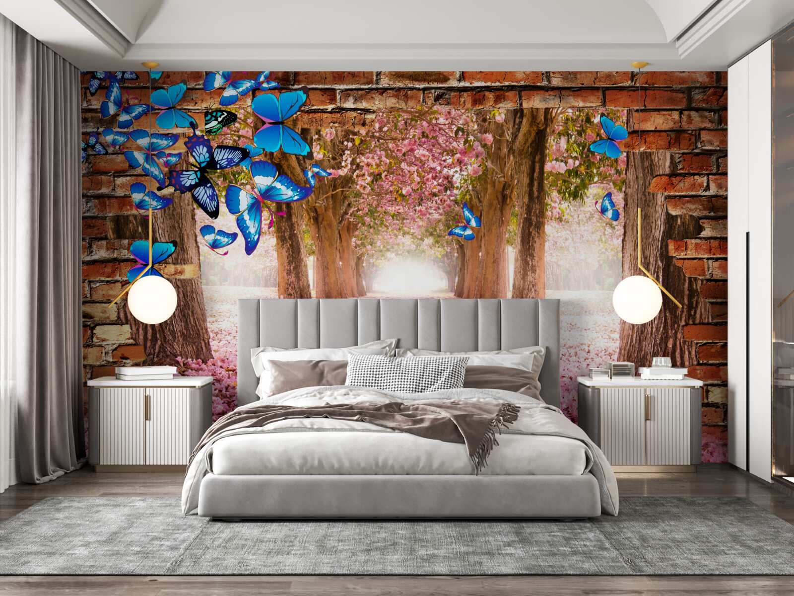 Papier peint Le sakura attire les papillons avec ses fleurs