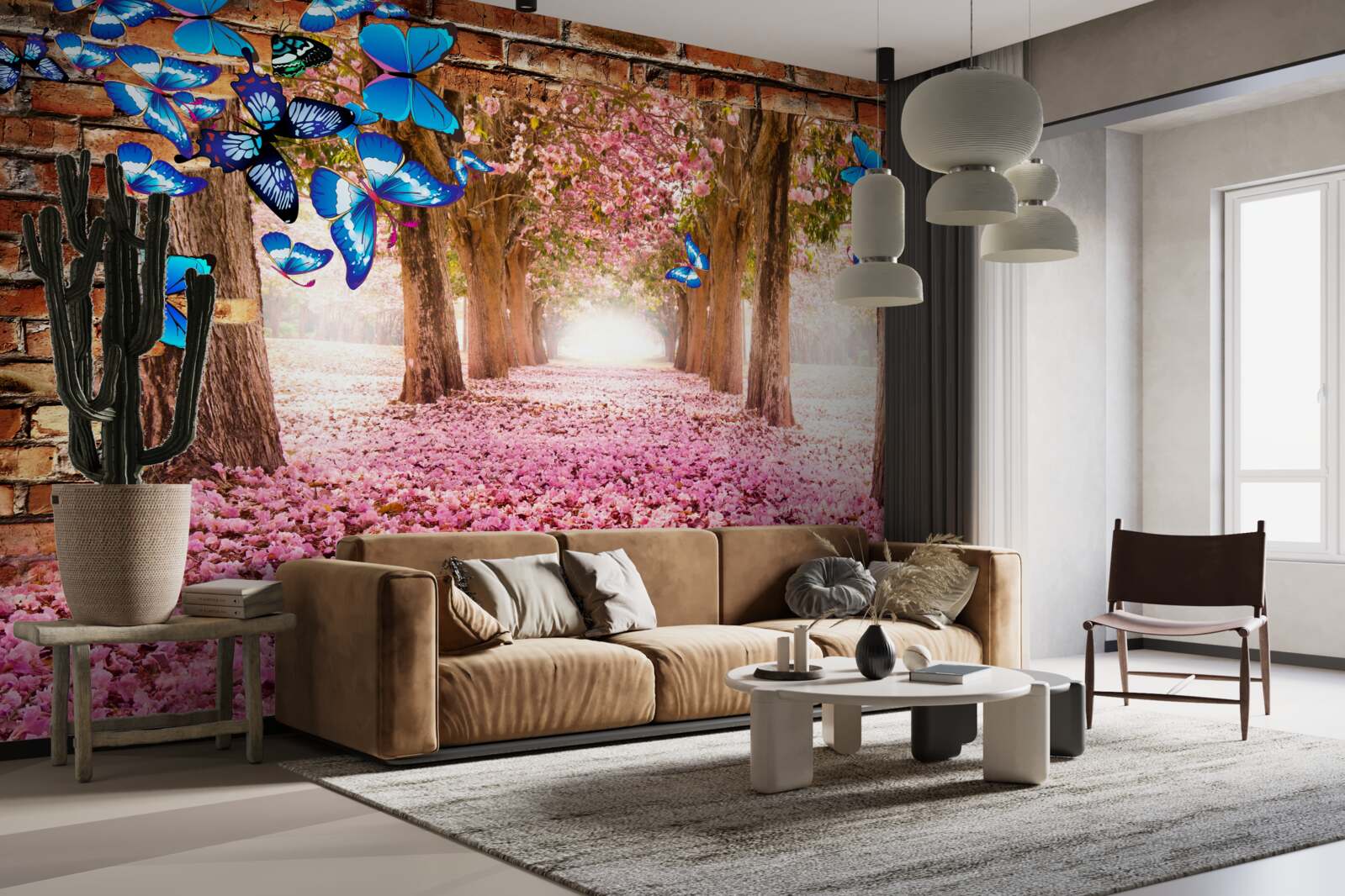 Papier peint Le sakura attire les papillons avec ses fleurs