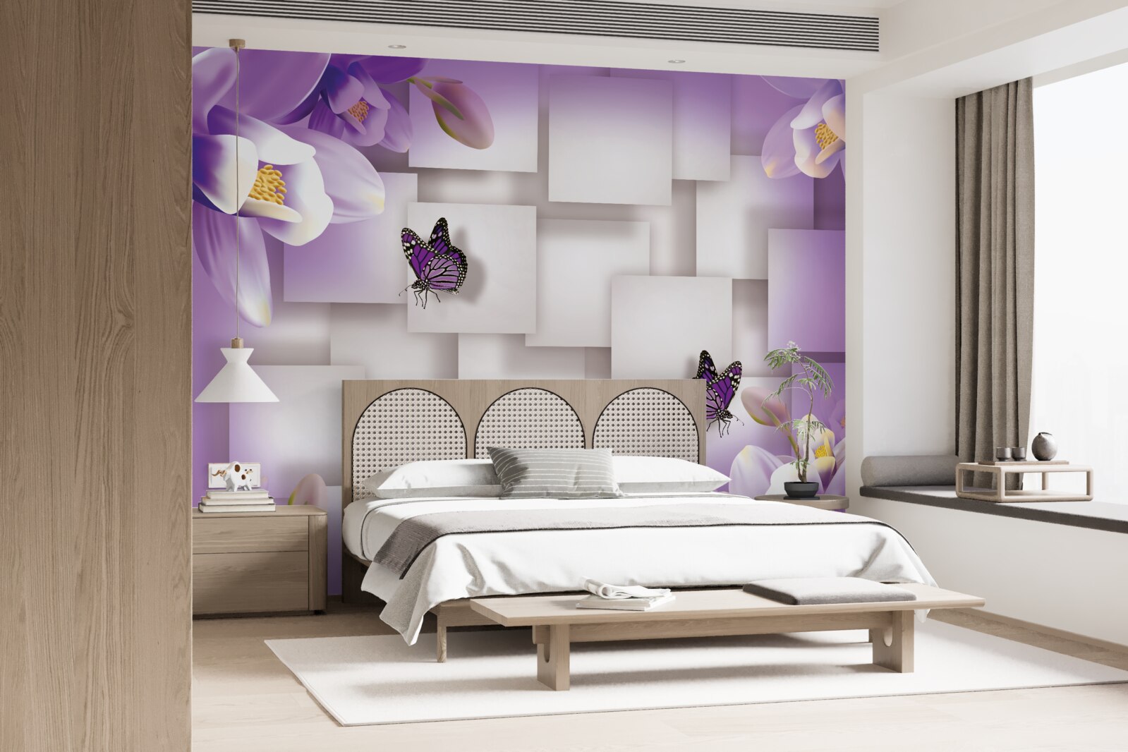 Papier peint des fleurs blanches et des papillons sont visibles sur un fond abstrait lilas