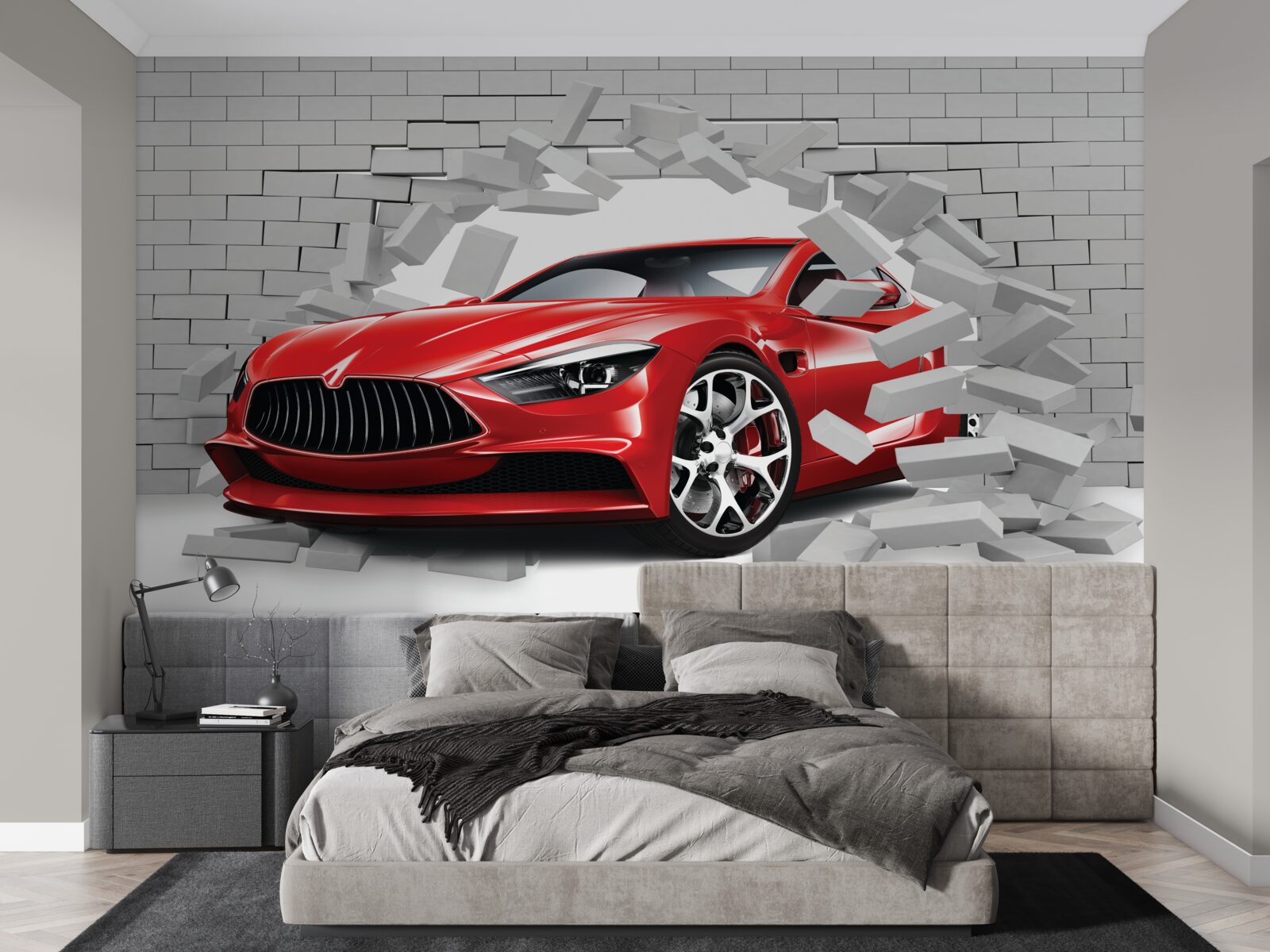 Papier peint Une voiture rouge frappe un mur de briques