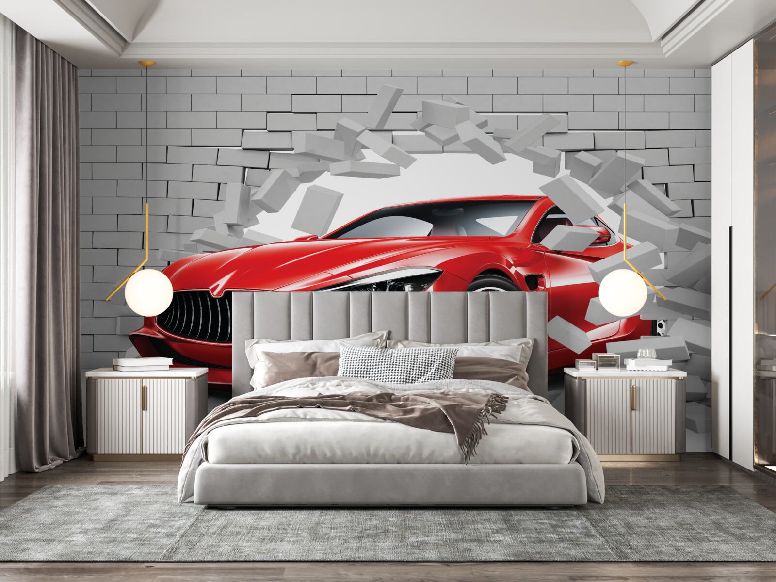 Papier peint Une voiture rouge frappe un mur de briques