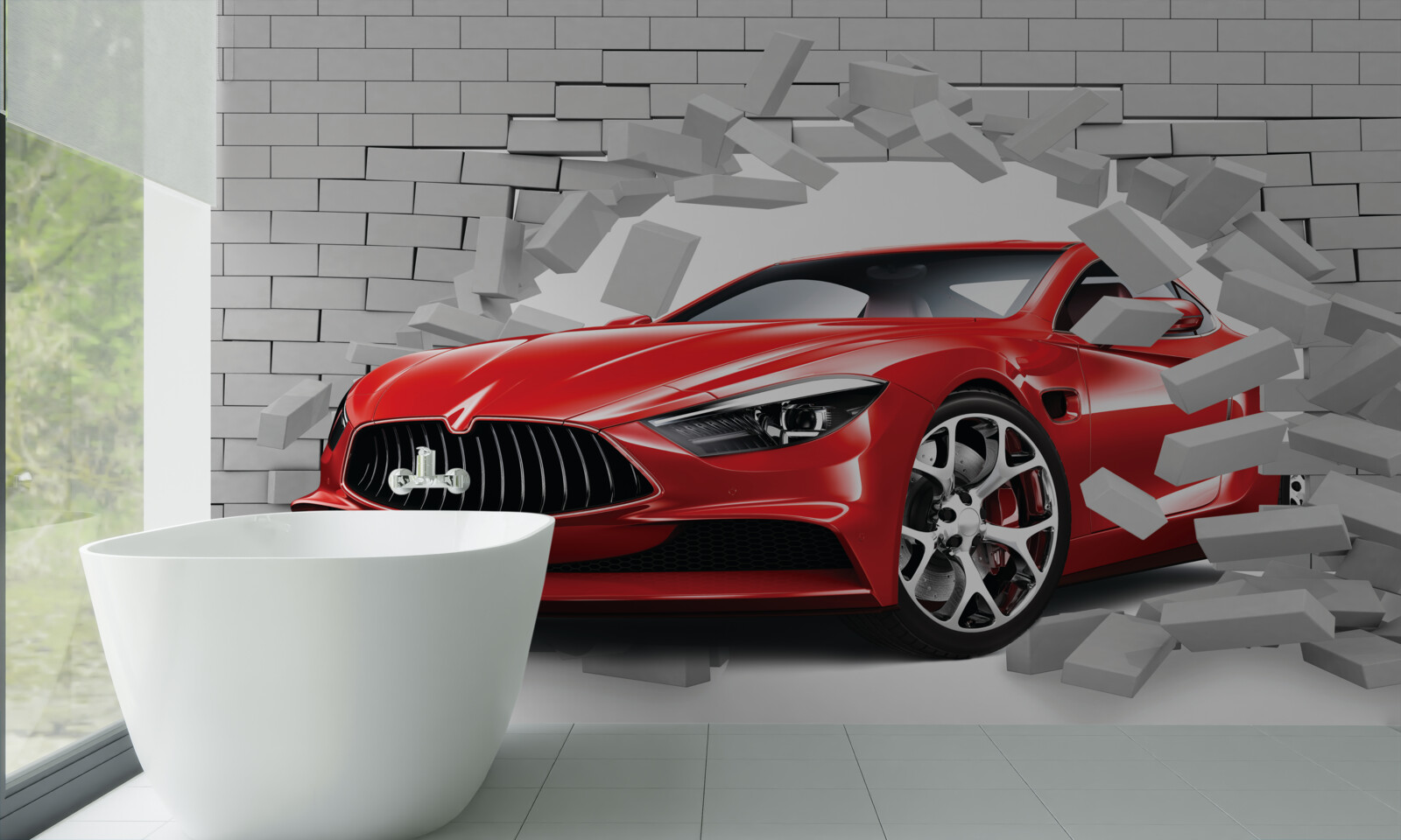 Papier peint Une voiture rouge frappe un mur de briques
