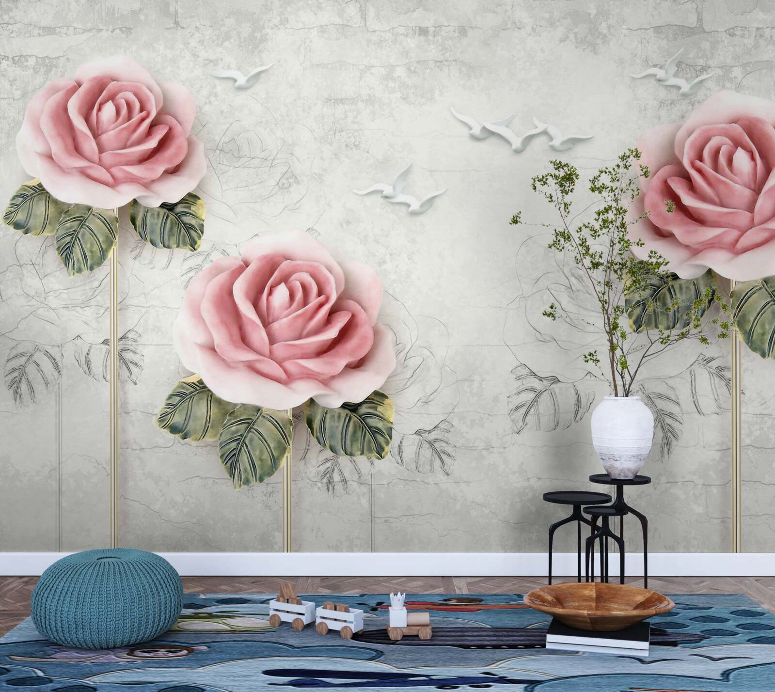 Papier peint rose écarlate élancée et goélands blancs comme neige