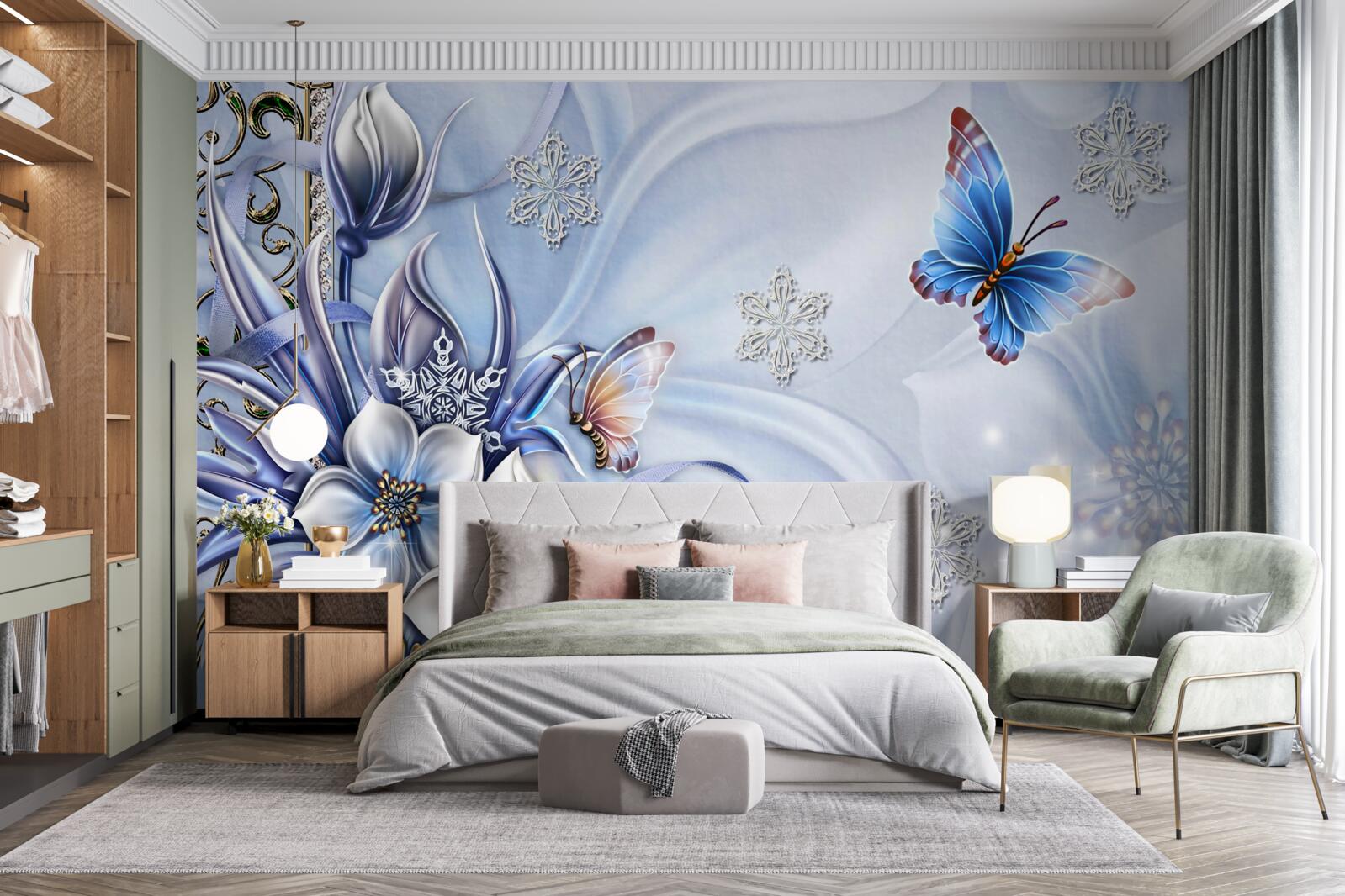 Papier peint des papillons volent au-dessus de fleurs bleu neige