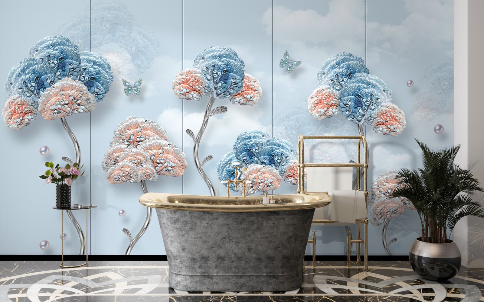 Papier peint hortensias disposés sur un panneau vertical
