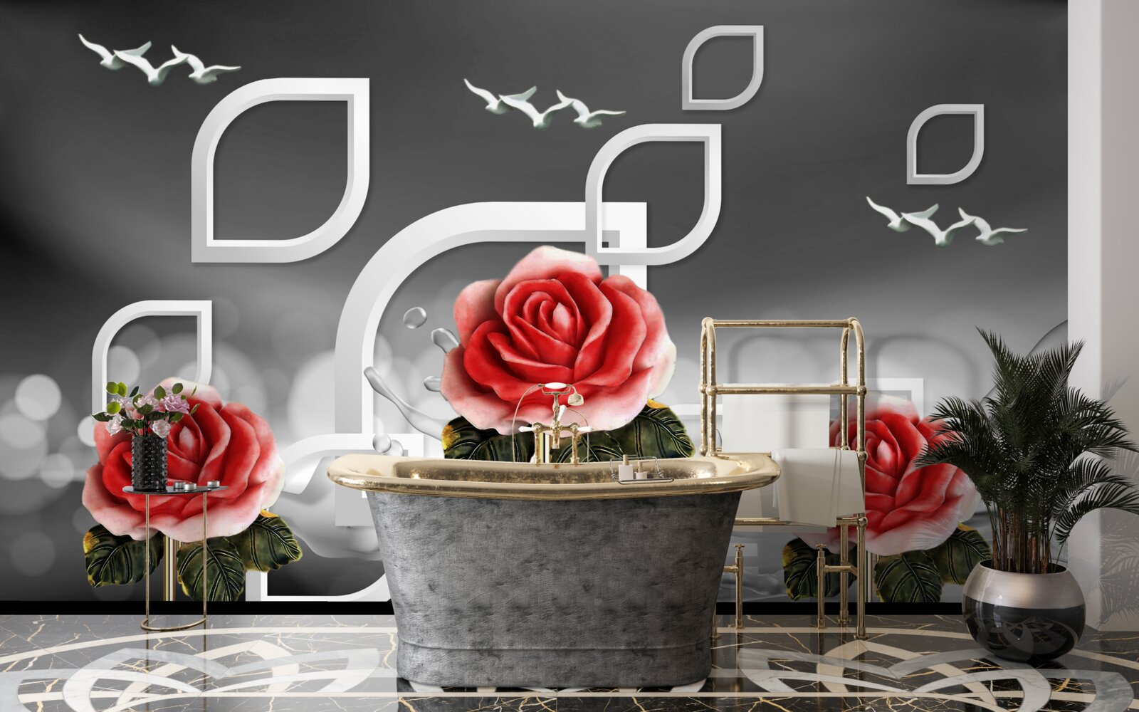 Papier peint de gracieuses roses écarlates scintillent sur un fond abstrait
