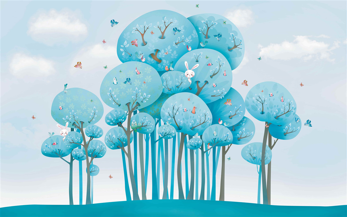 Papier peint des arbres féeriques turquoise et des lièvres blancs comme neige