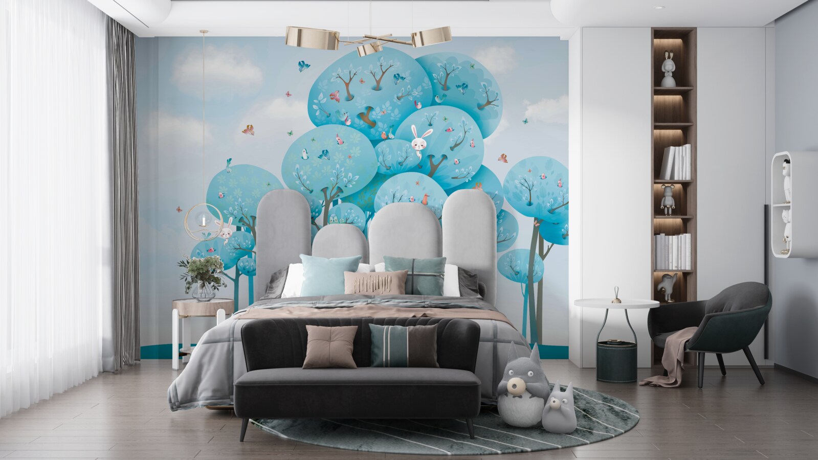 Papier peint des arbres féeriques turquoise et des lièvres blancs comme neige