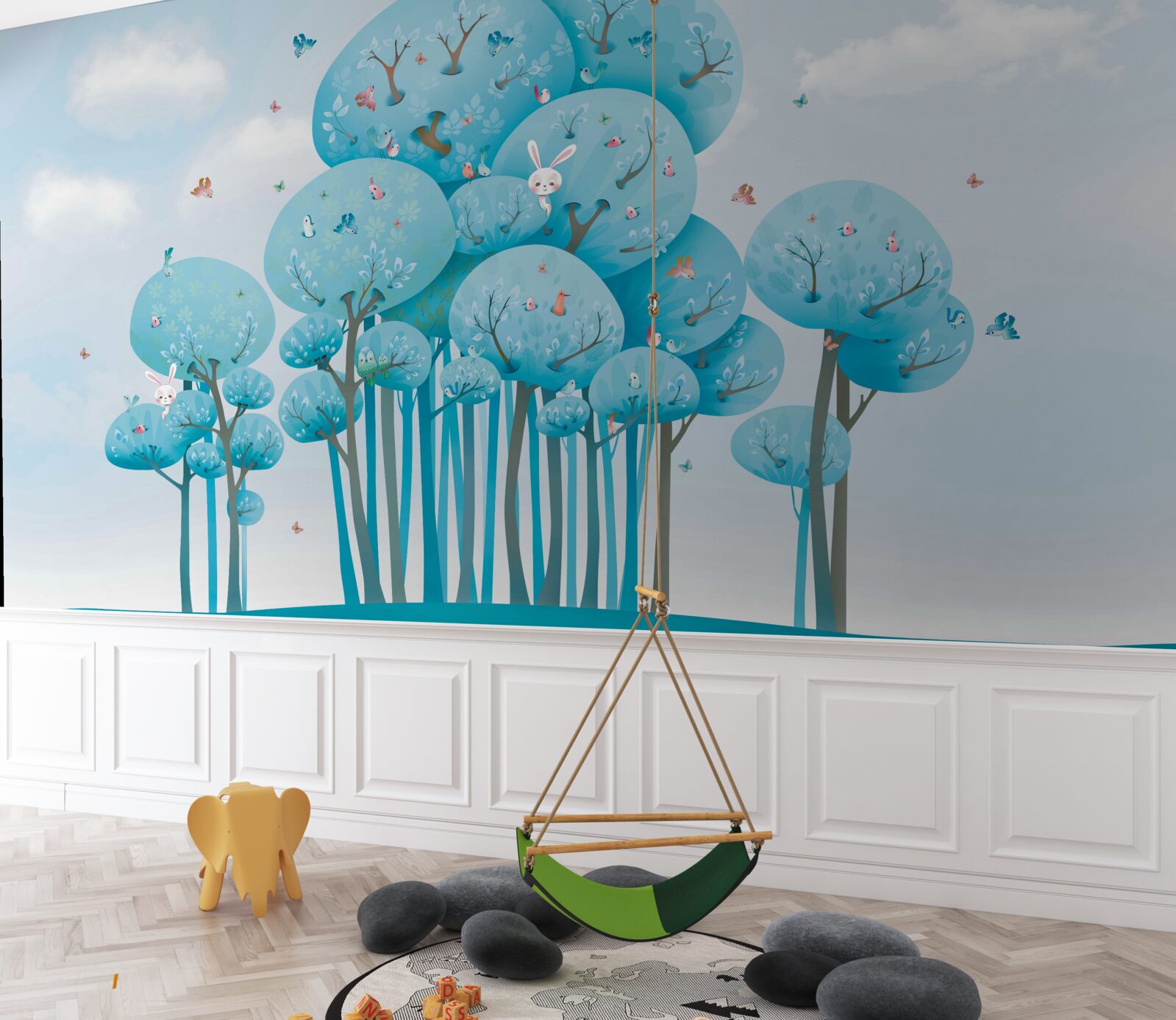 Papier peint des arbres féeriques turquoise et des lièvres blancs comme neige