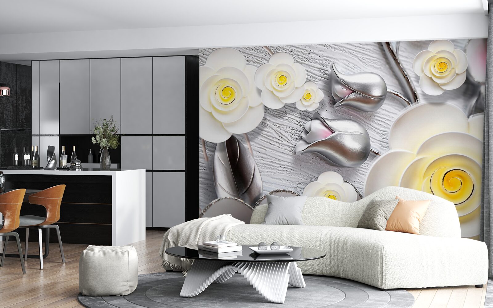 Papier peint fleurs en porcelaine blanche avec centre jaune