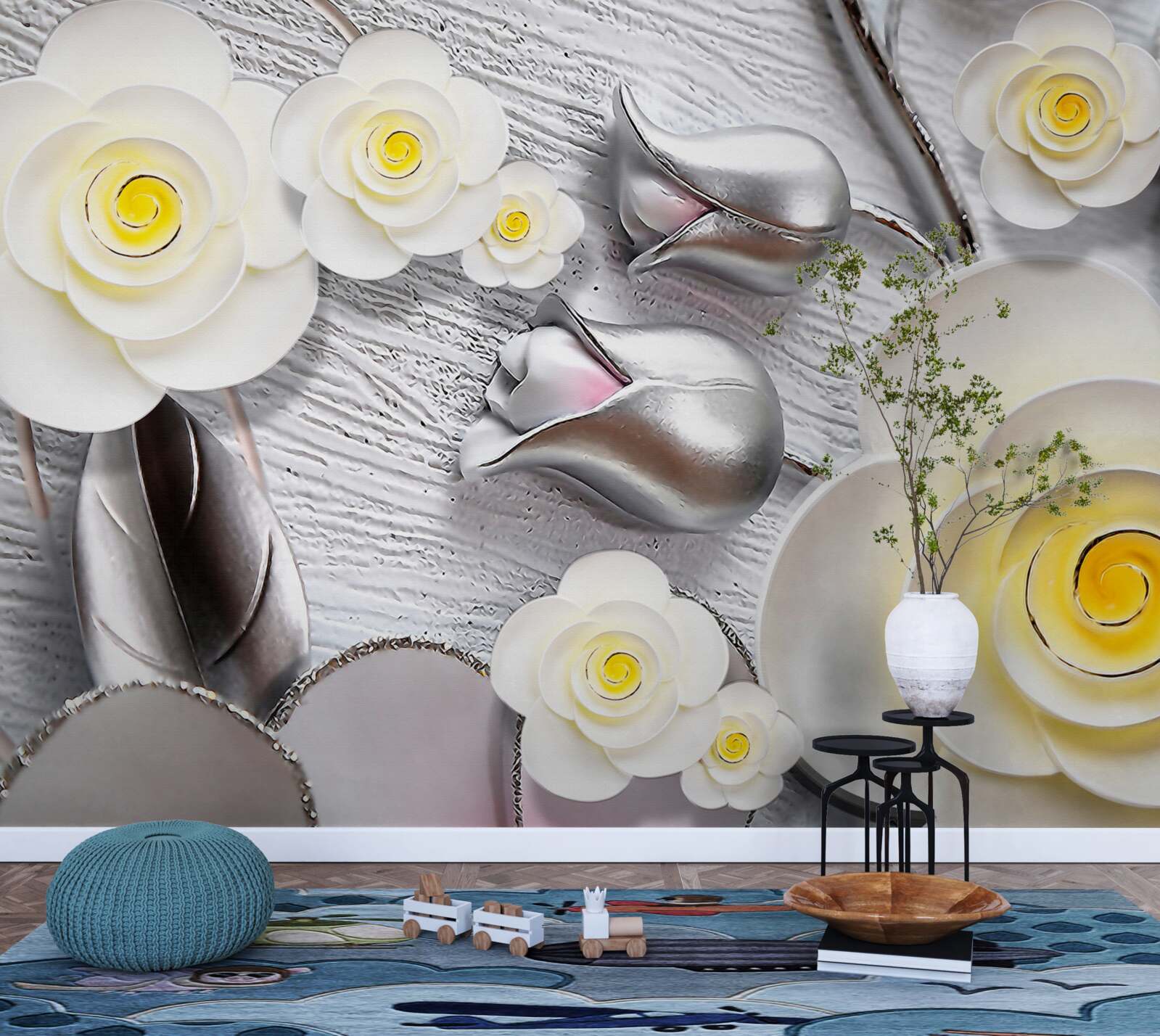 Papier peint fleurs en porcelaine blanche avec centre jaune