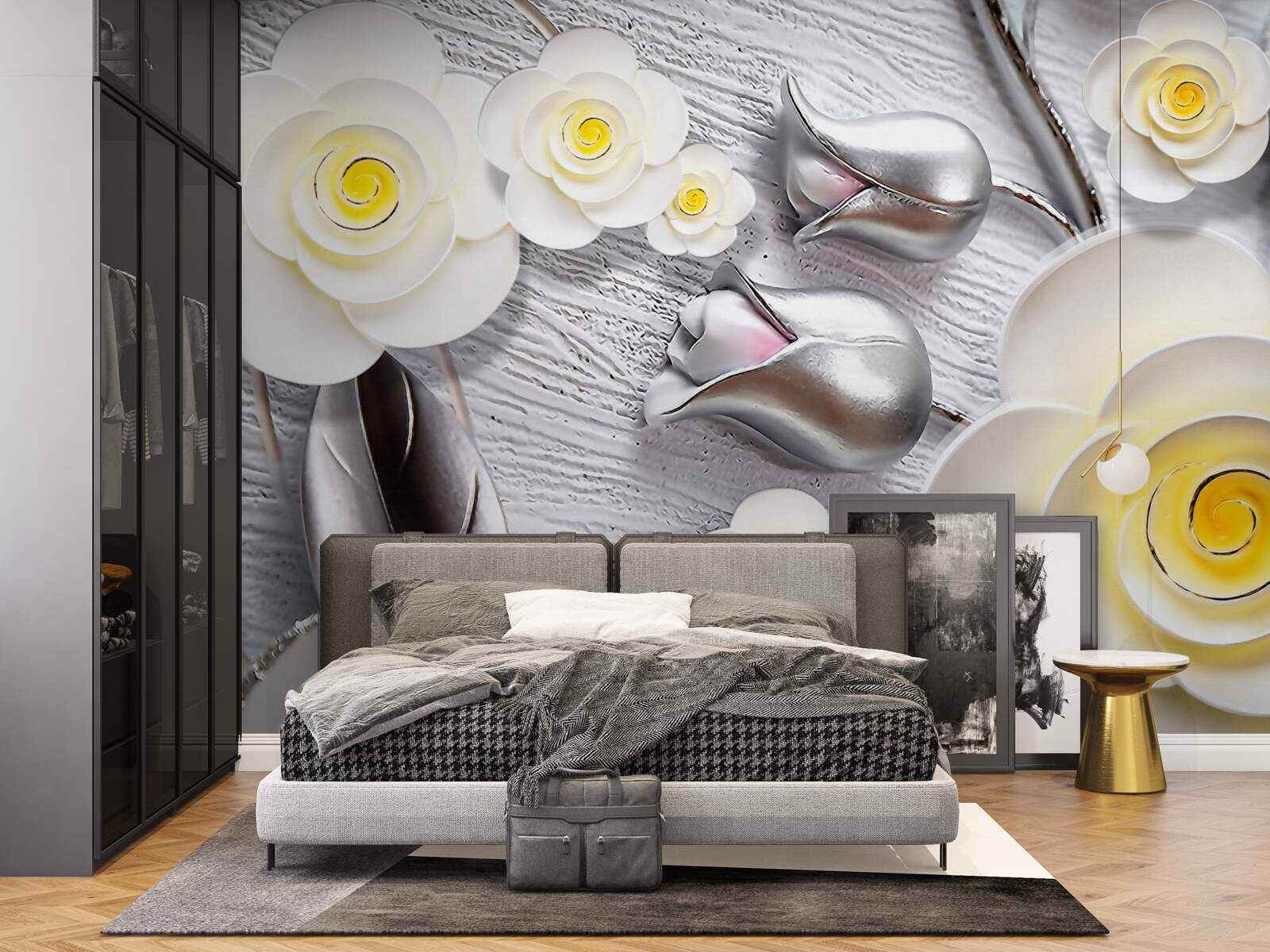 Papier peint fleurs en porcelaine blanche avec centre jaune