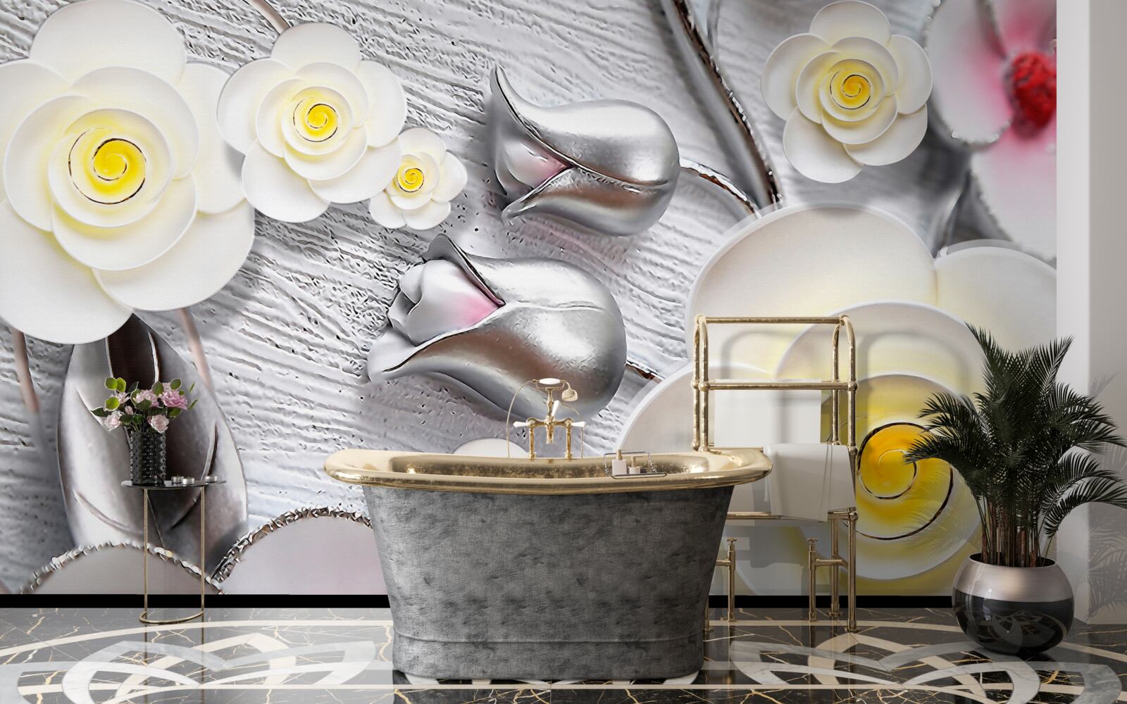 Papier peint fleurs en porcelaine blanche avec centre jaune