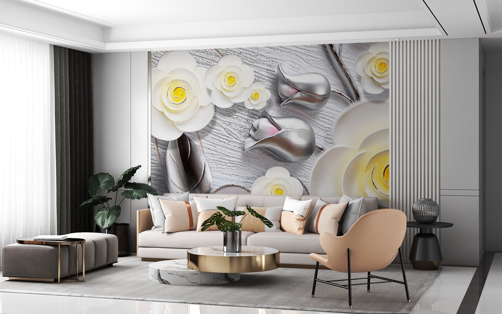 Papier peint fleurs en porcelaine blanche avec centre jaune