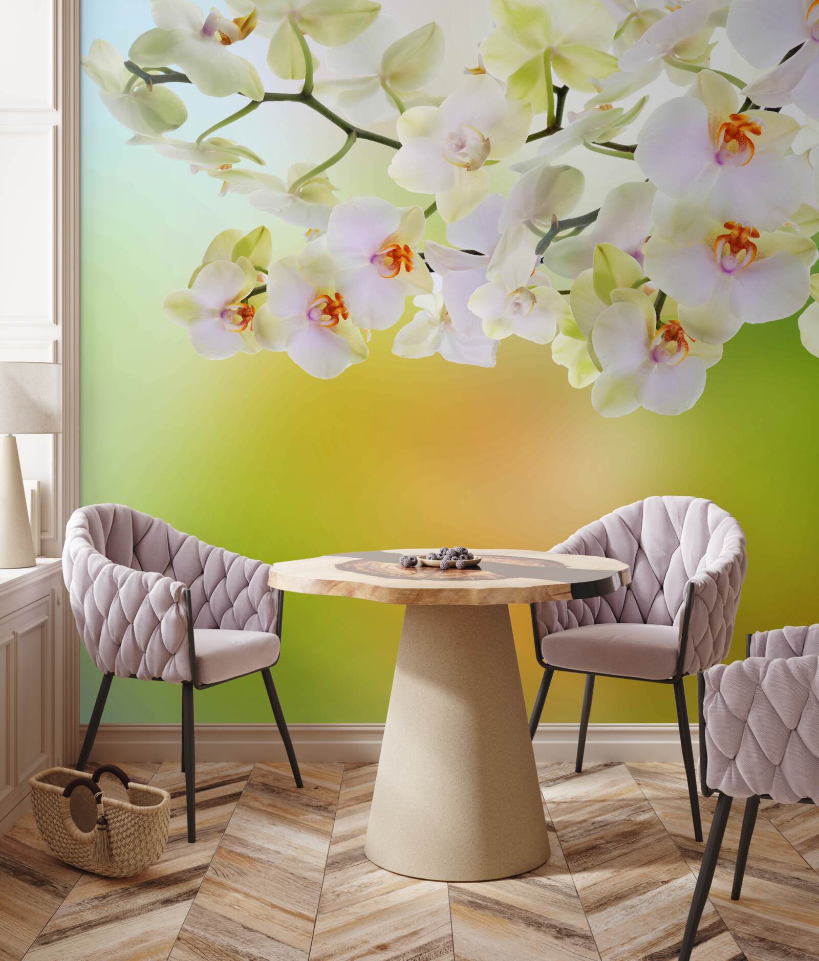 Papier peint des bourgeons blancs comme neige et des orchidées fleurissent sur les branches