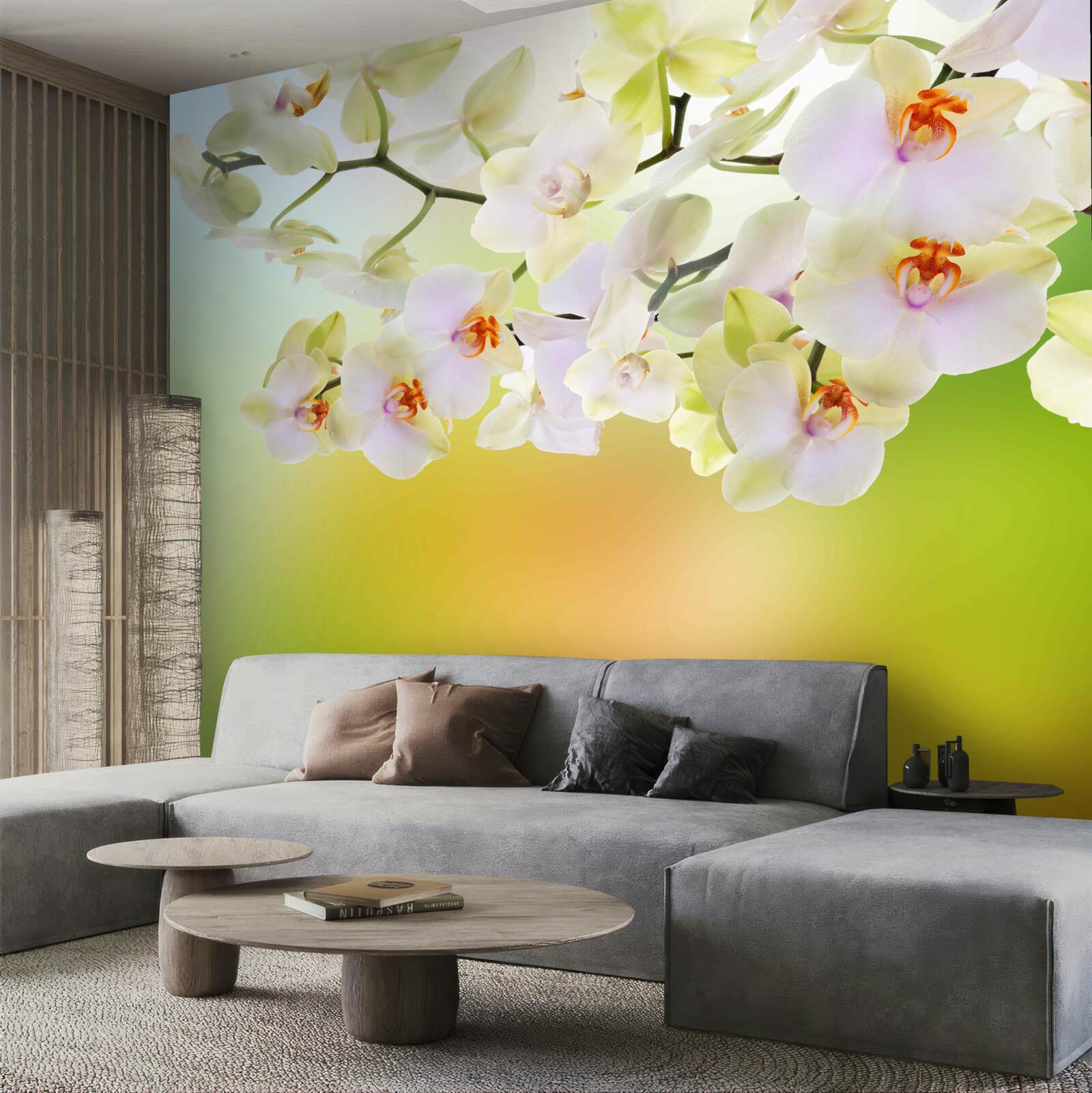 Papier peint des bourgeons blancs comme neige et des orchidées fleurissent sur les branches
