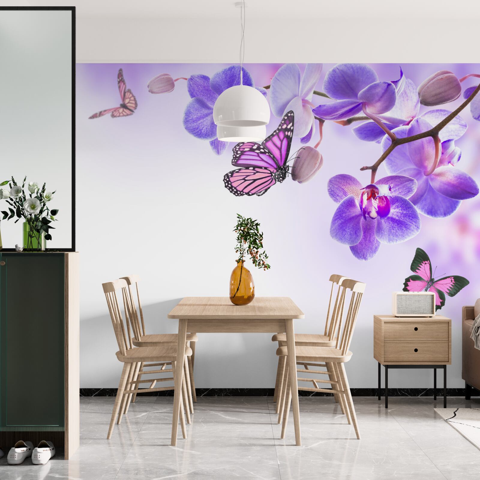 Papier peint des papillons survolent des orchidées aux pétales bleu-violet