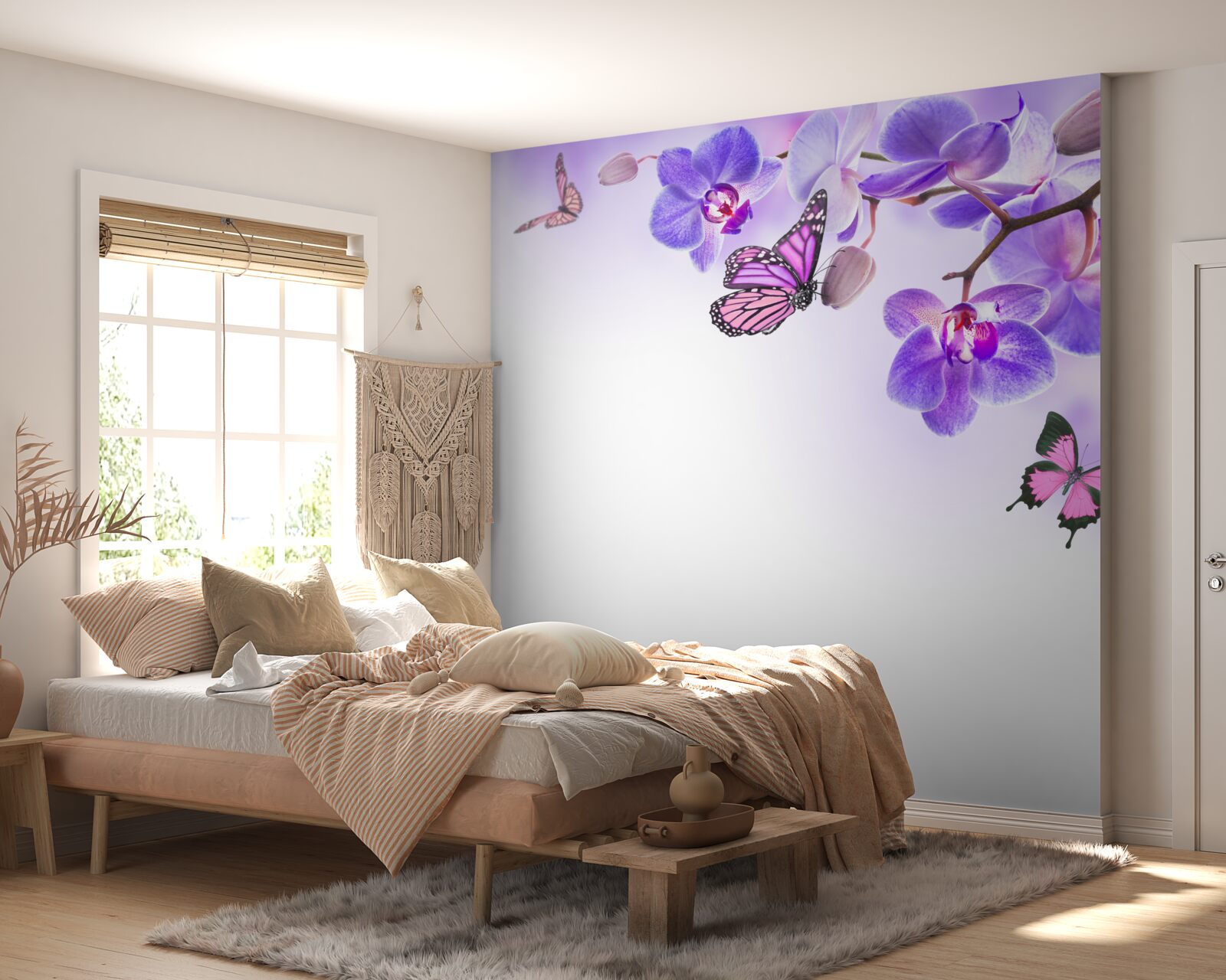 Papier peint des papillons survolent des orchidées aux pétales bleu-violet