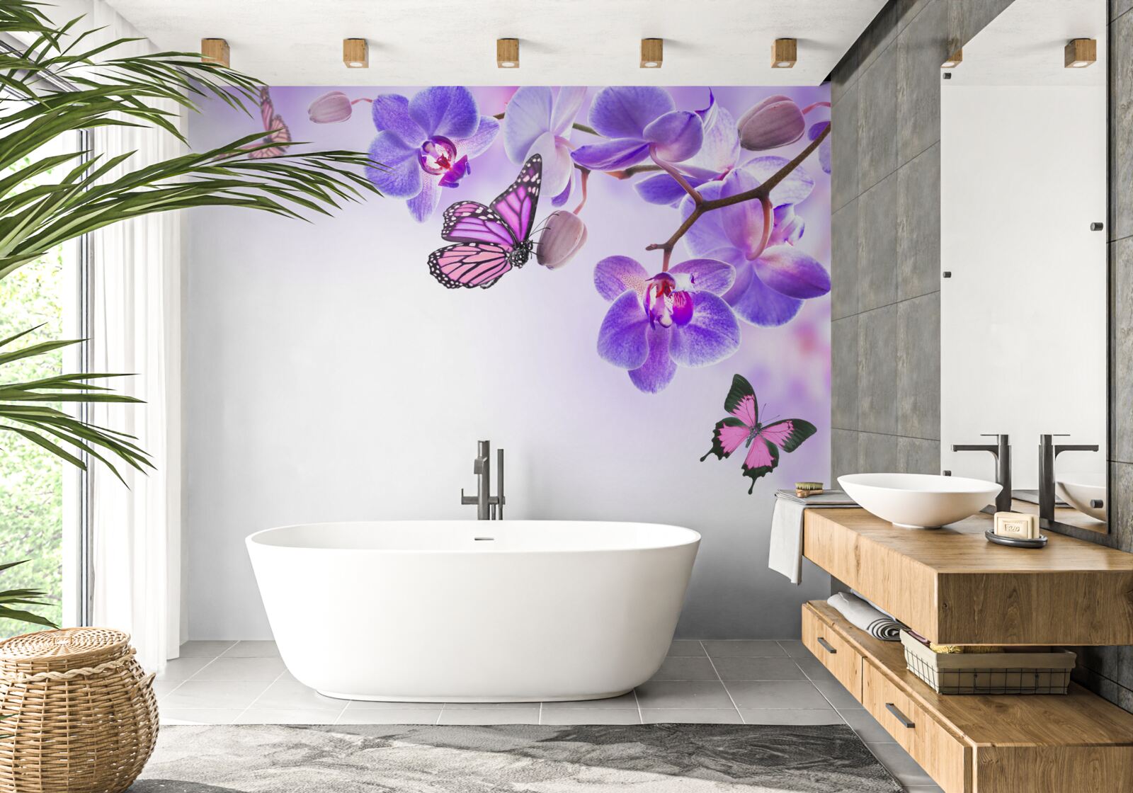 Papier peint des papillons survolent des orchidées aux pétales bleu-violet