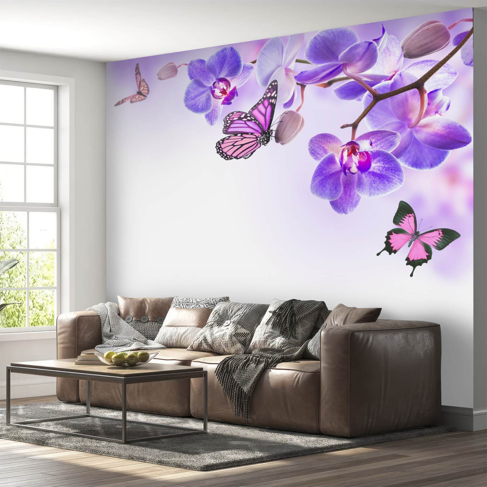 Papier peint des papillons survolent des orchidées aux pétales bleu-violet