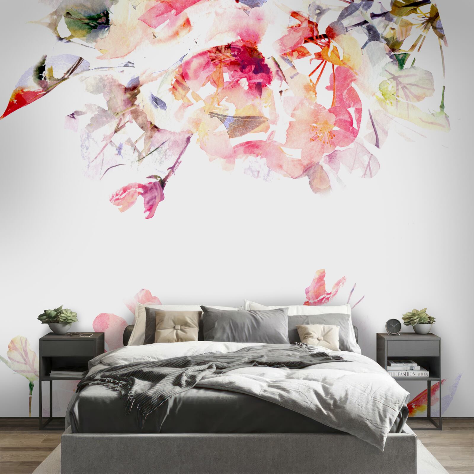 Papier peint aquarelle représentant des papillons et des fleurs blanches