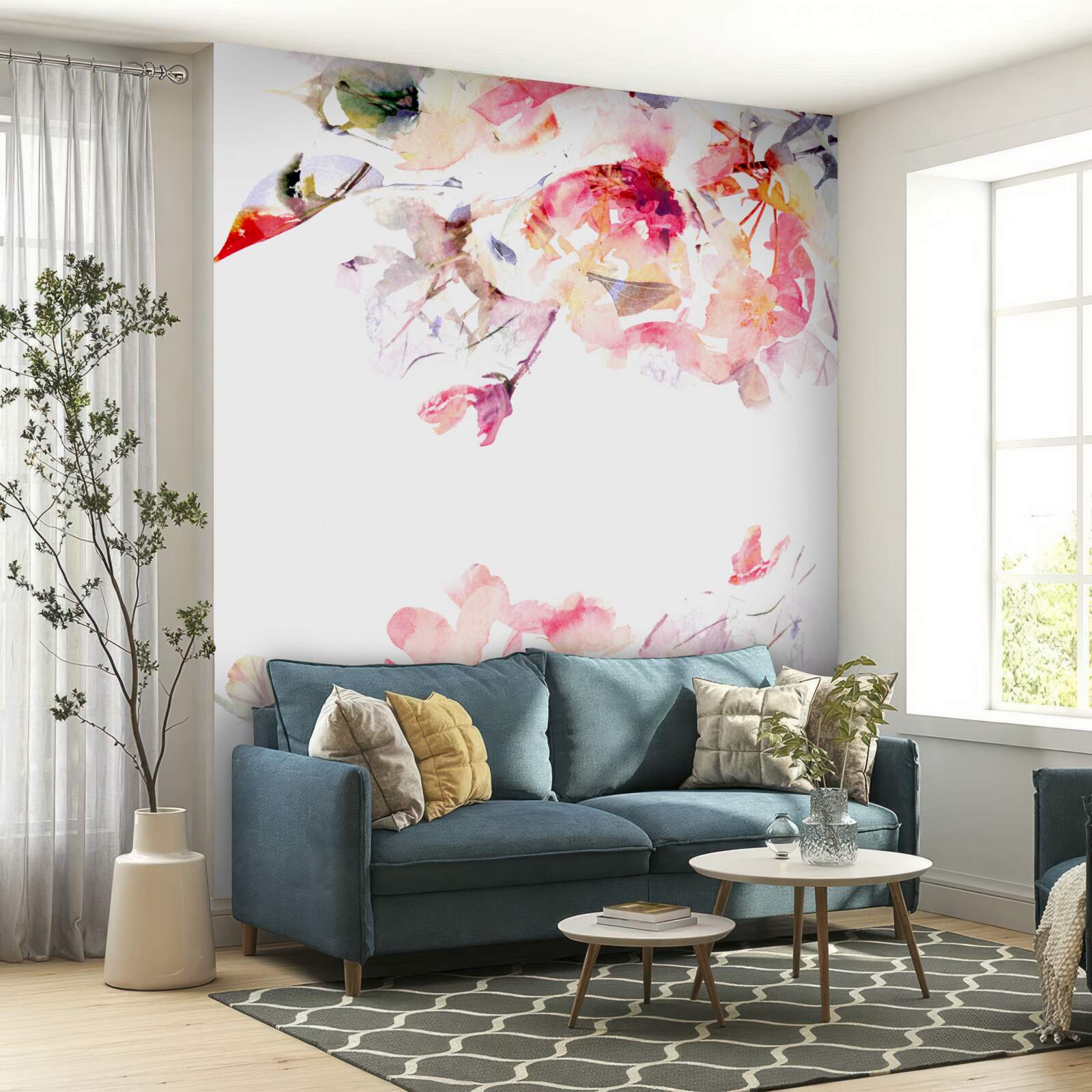Papier peint aquarelle représentant des papillons et des fleurs blanches