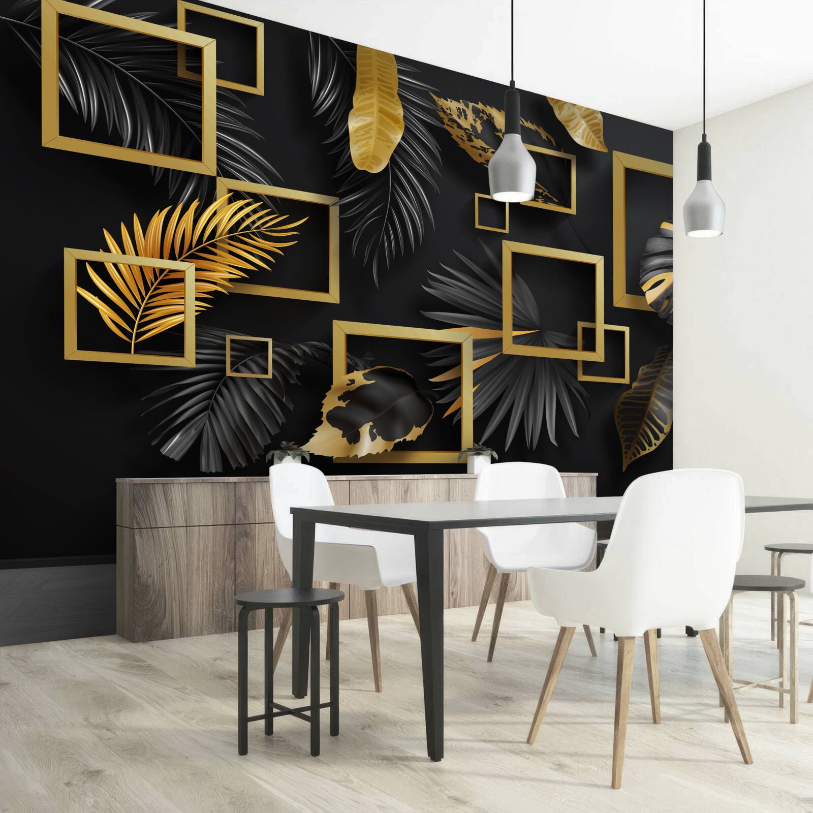 Papier peint mur noir avec cadres dorés