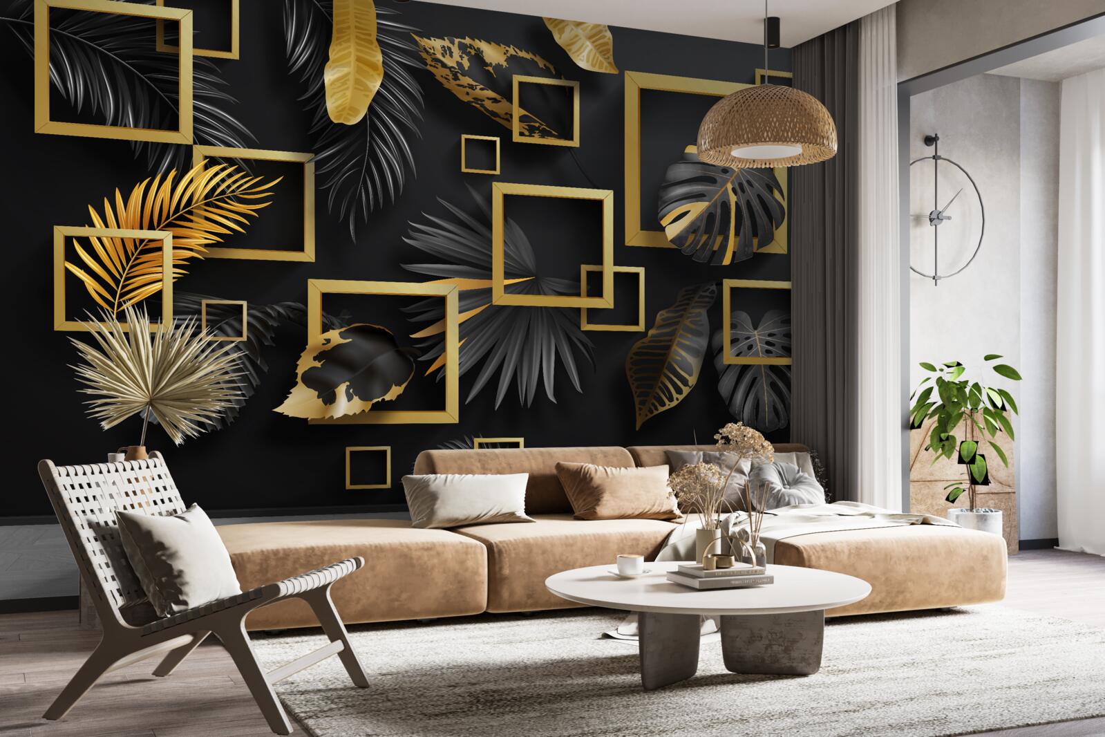 Papier peint mur noir avec cadres dorés