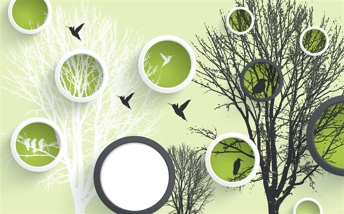 Papier peint arbres nus et oiseaux