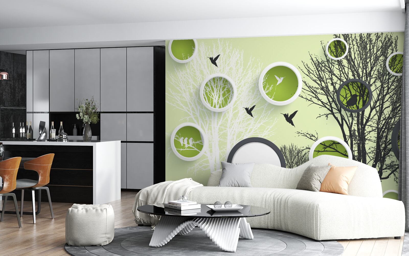 Papier peint arbres nus et oiseaux